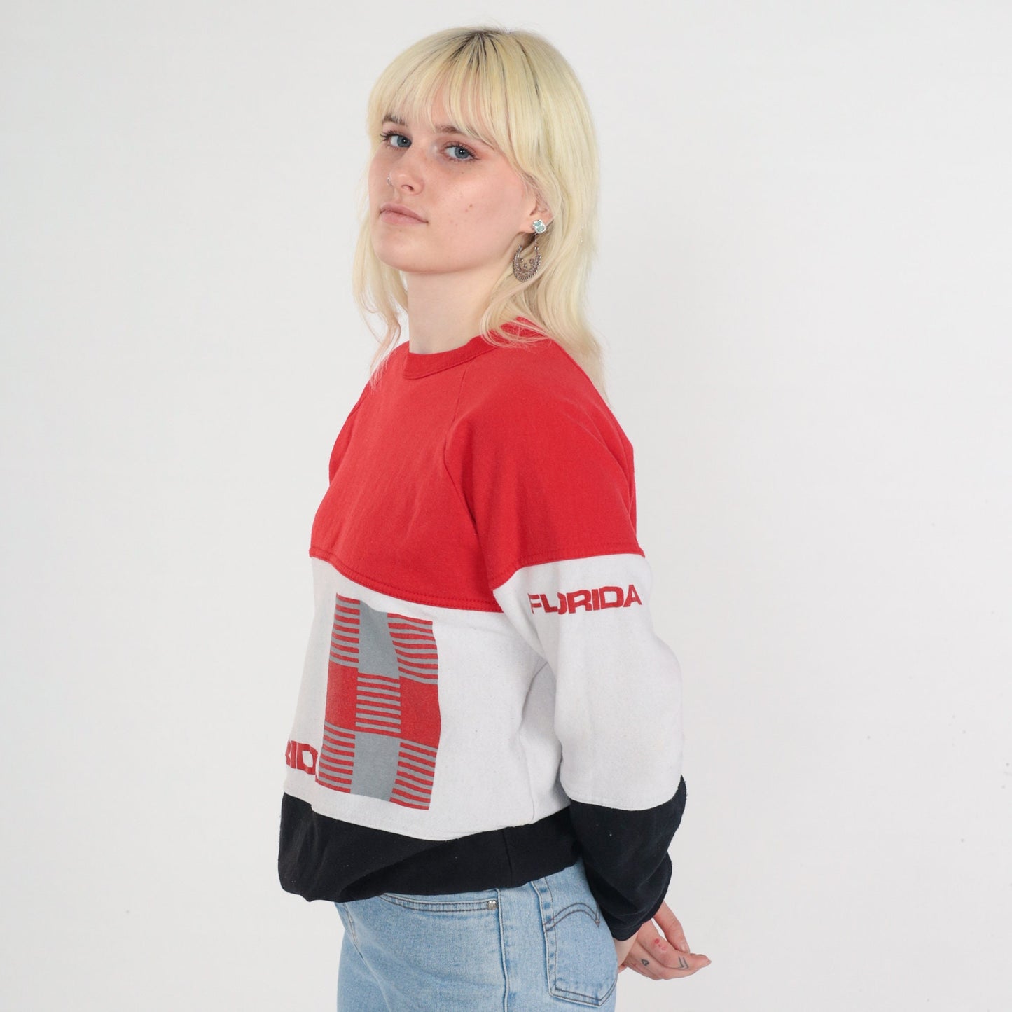 80s Florida Sweatshirt Color Block Raglan Crewneck Red White Black Large L