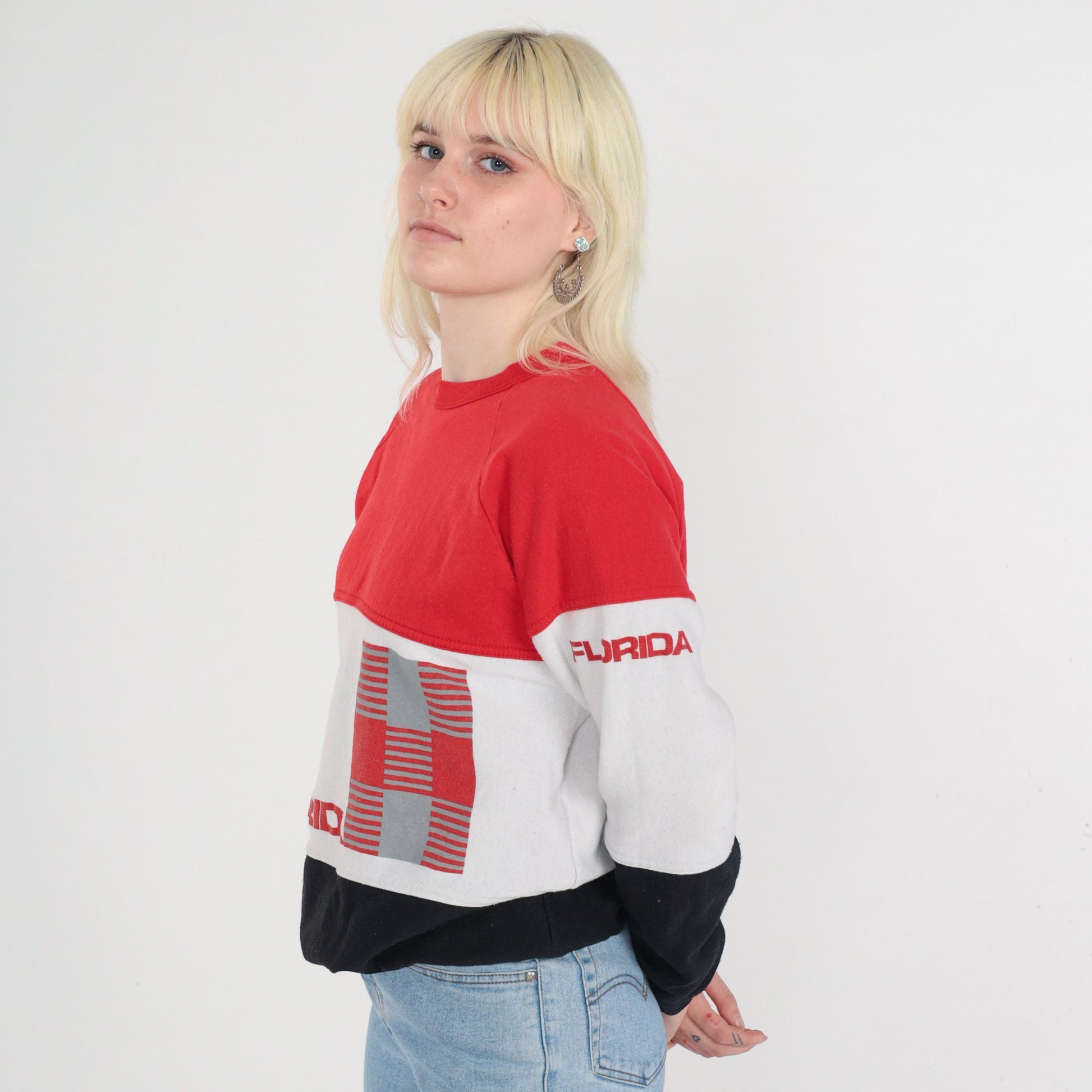 80s Florida Sweatshirt Color Block Raglan Crewneck Red White Black Large L