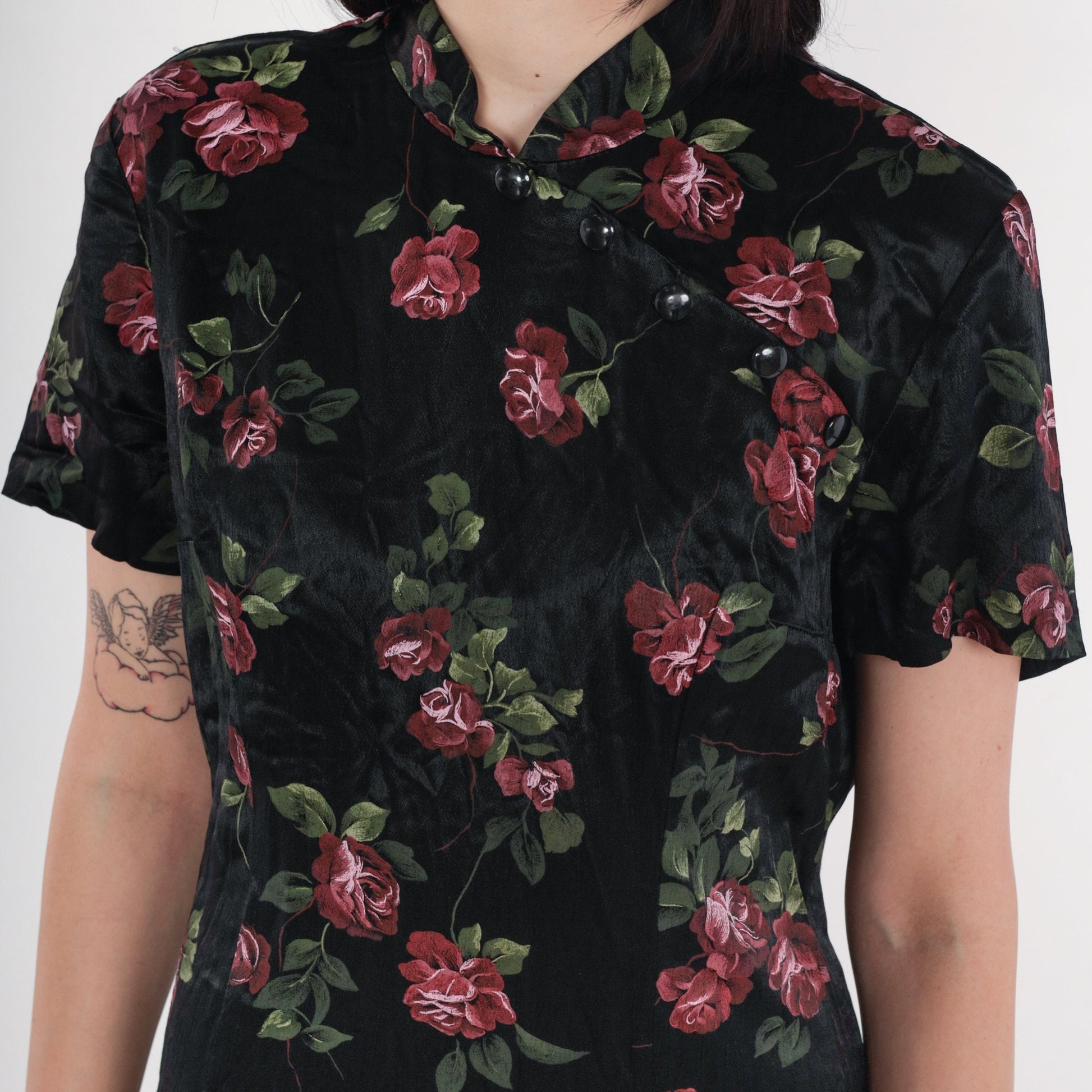 90s Jason Cody Cheongsam Midi Dress Black Floral Mandarin Collar Large