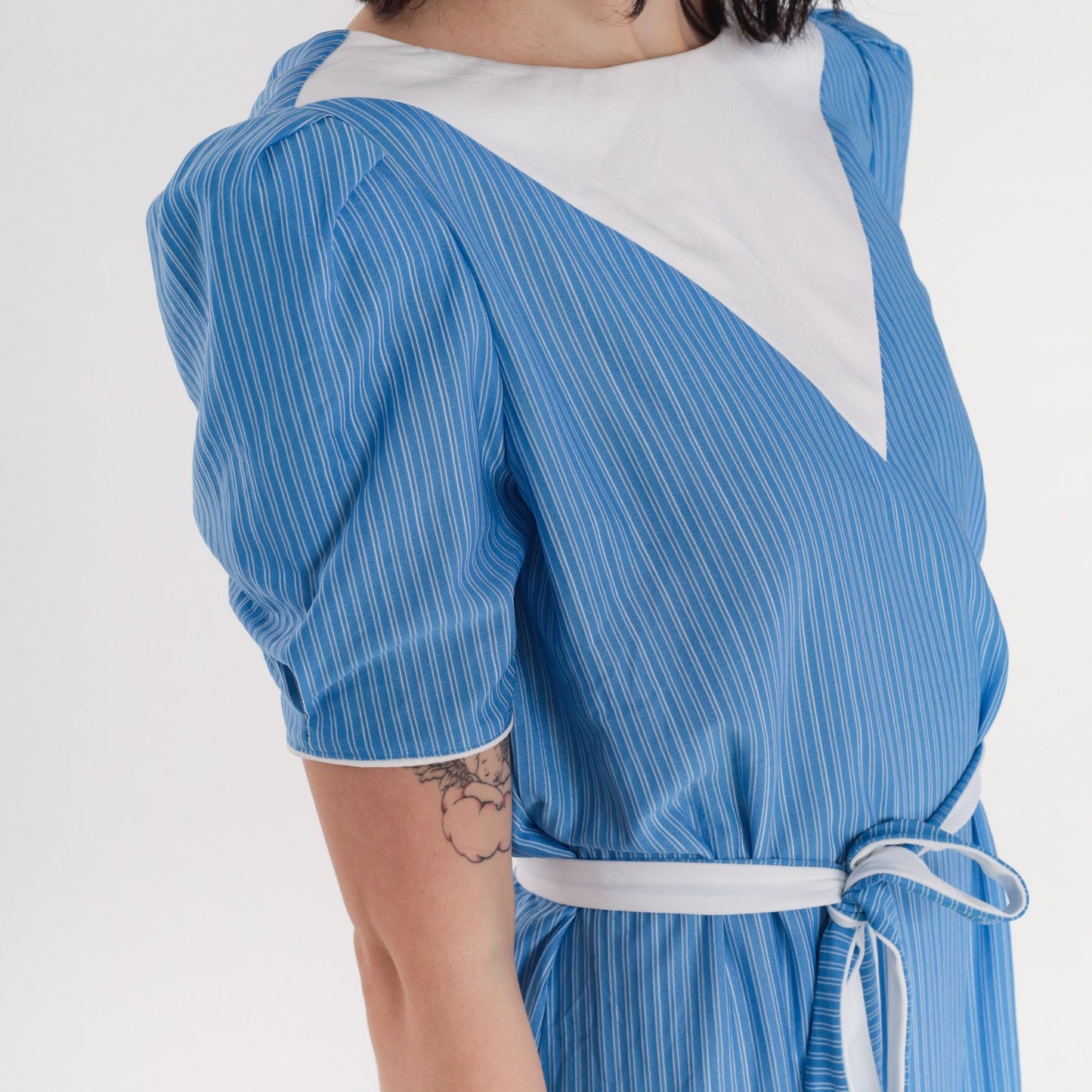 80s Blue Striped Mini Dress Puff Sleeve White Bib Tie Belt Medium