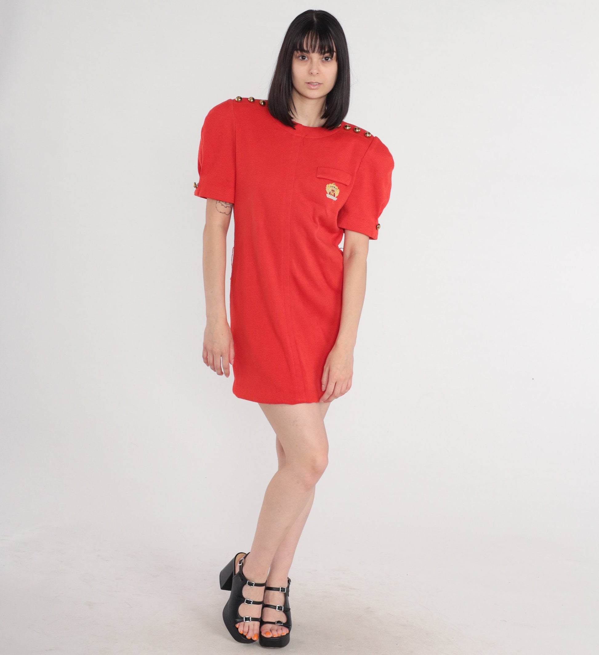 80s Leslie Fay Red Mini Dress Puff Sleeve Gold Buttons Sparkly Crest Patch Large