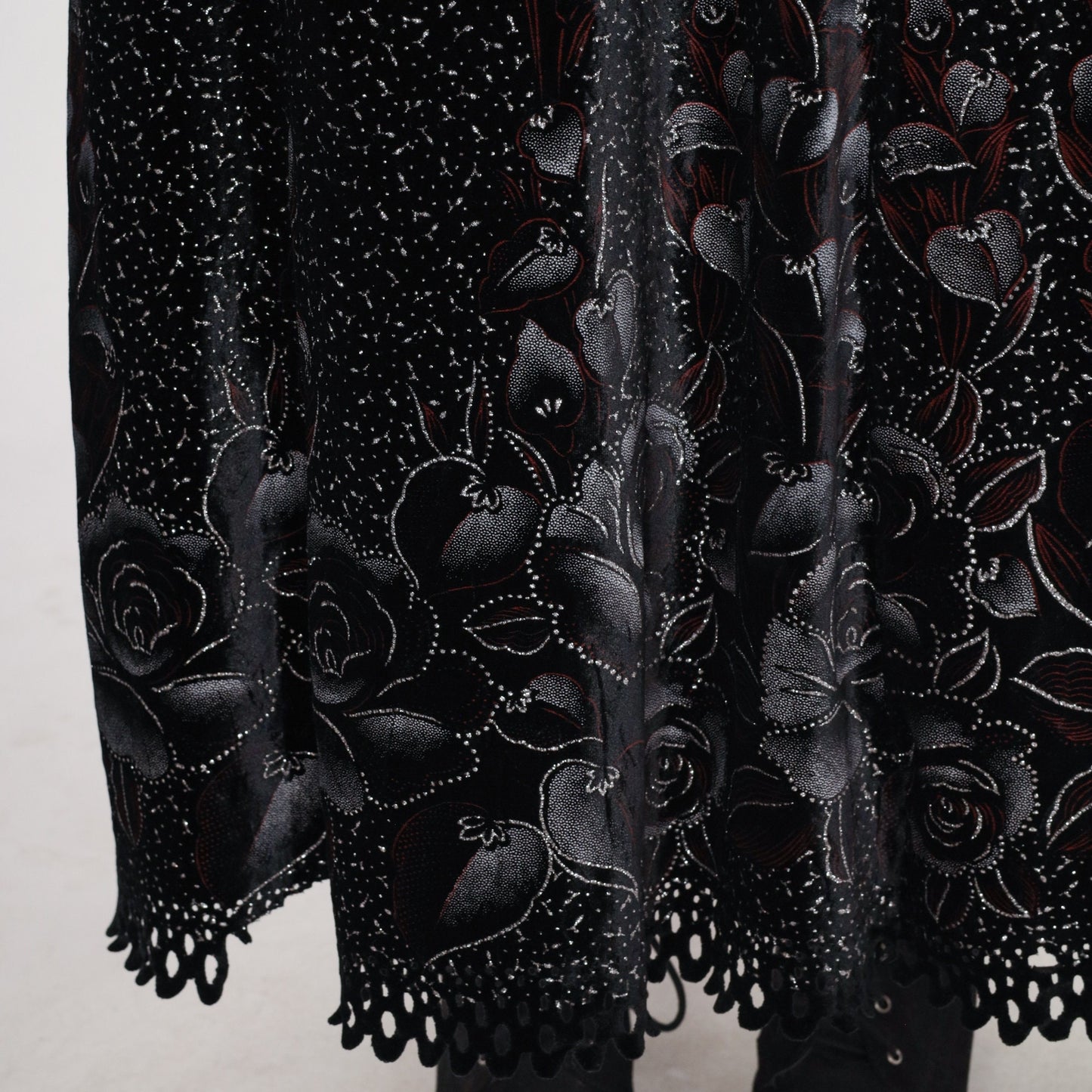 80s Black Velvet Maxi Dress Sparkly Floral Rose Print High Waisted Small