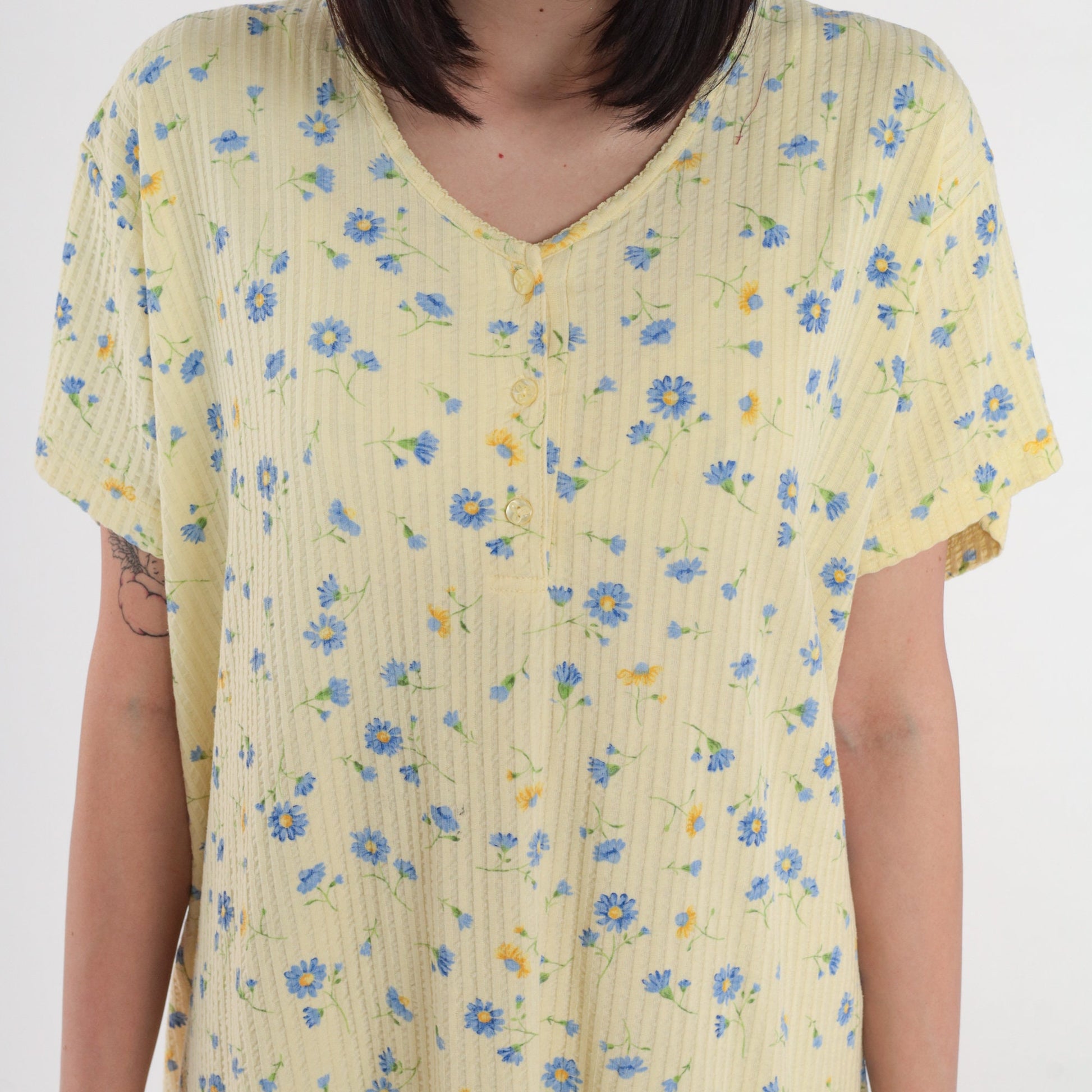 00s Yellow Floral Mini Dress Plus Size XXL Button-Up Short Sleeve