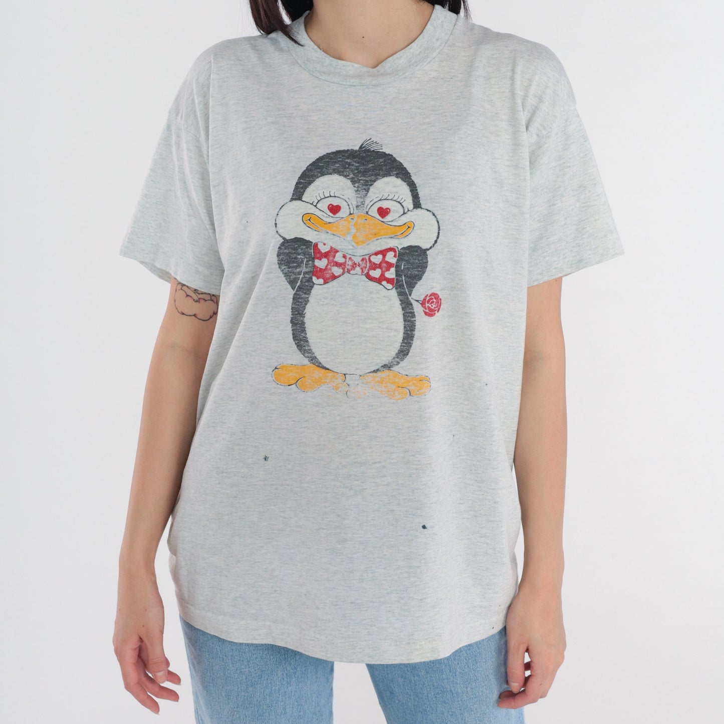 90s Penguin Graphic T-Shirt Heart Rose Cartoon Grey Single Stitch Extra Large XL
