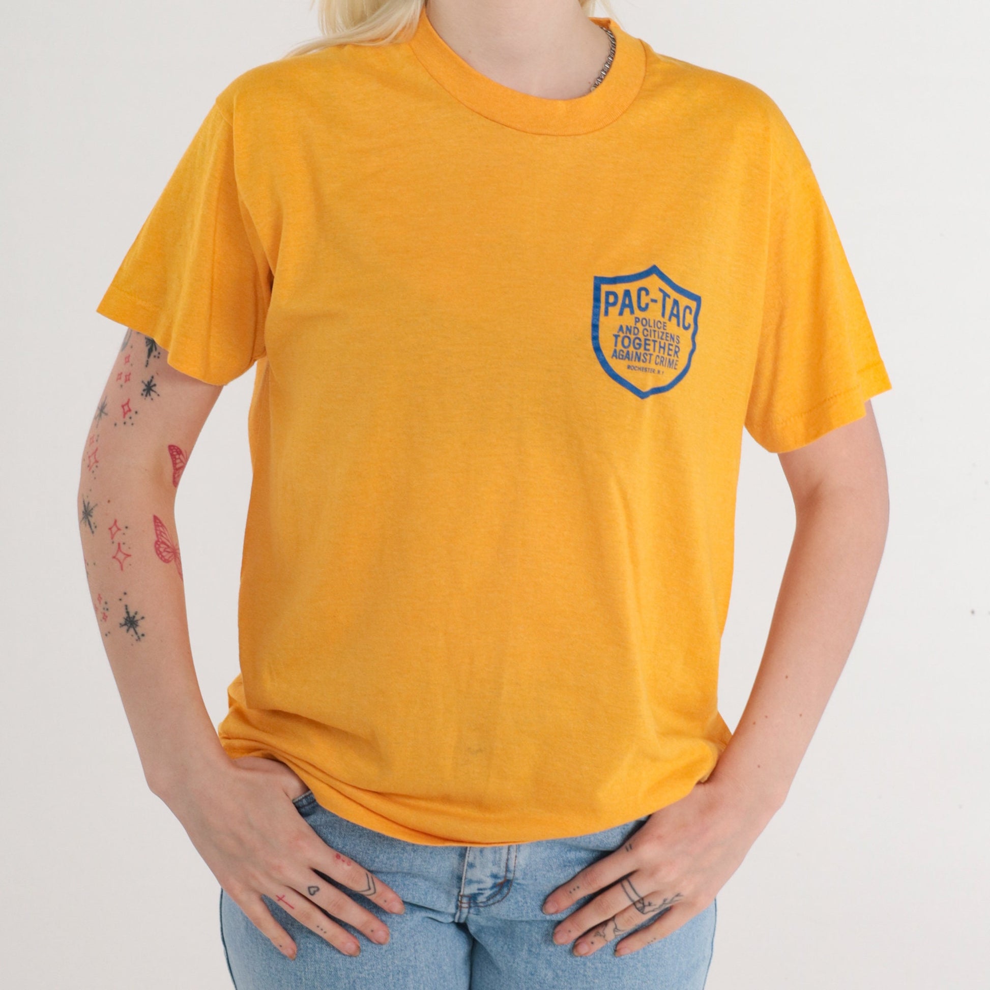 80s Rochester PAC-TAC Police Graphic T-Shirt Yellow Single Stitch Medium