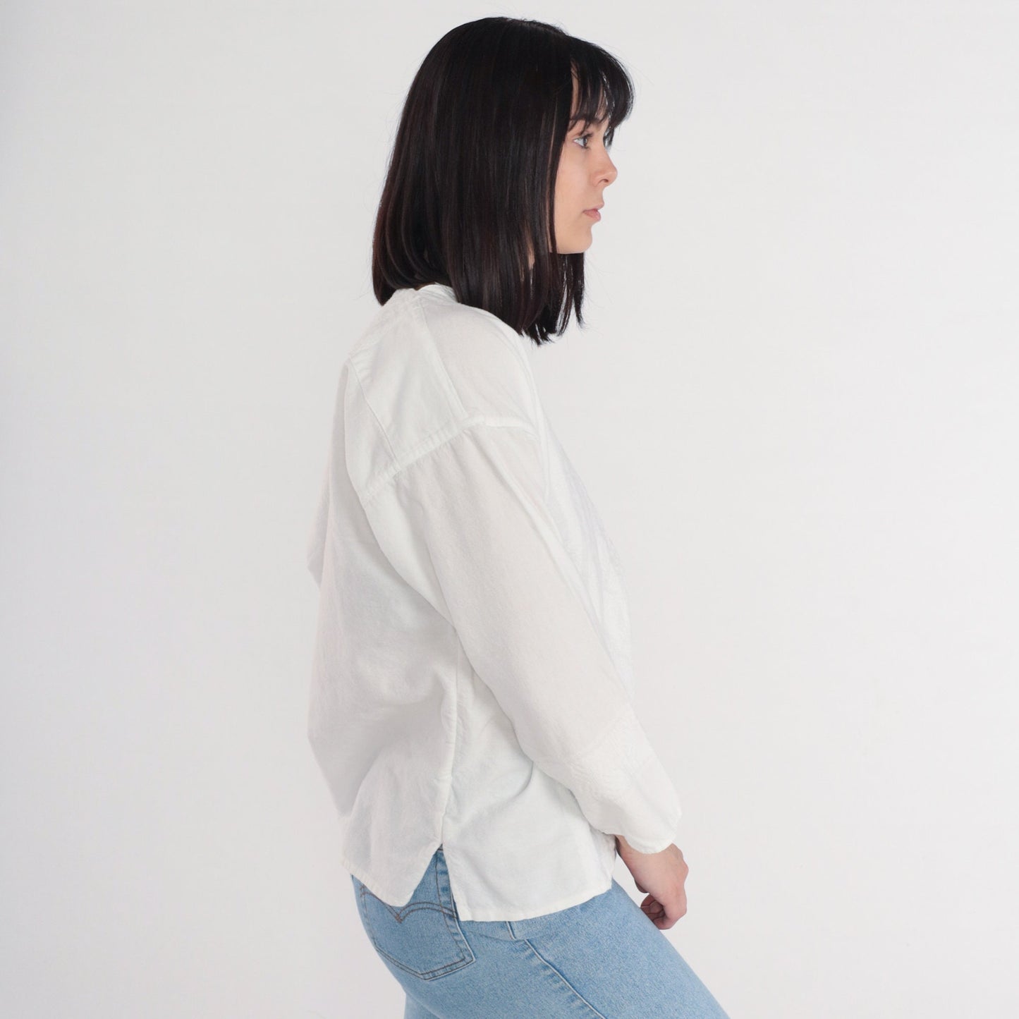 90s White Cotton Woven Blouse Long Sleeve V-Neck Medium M