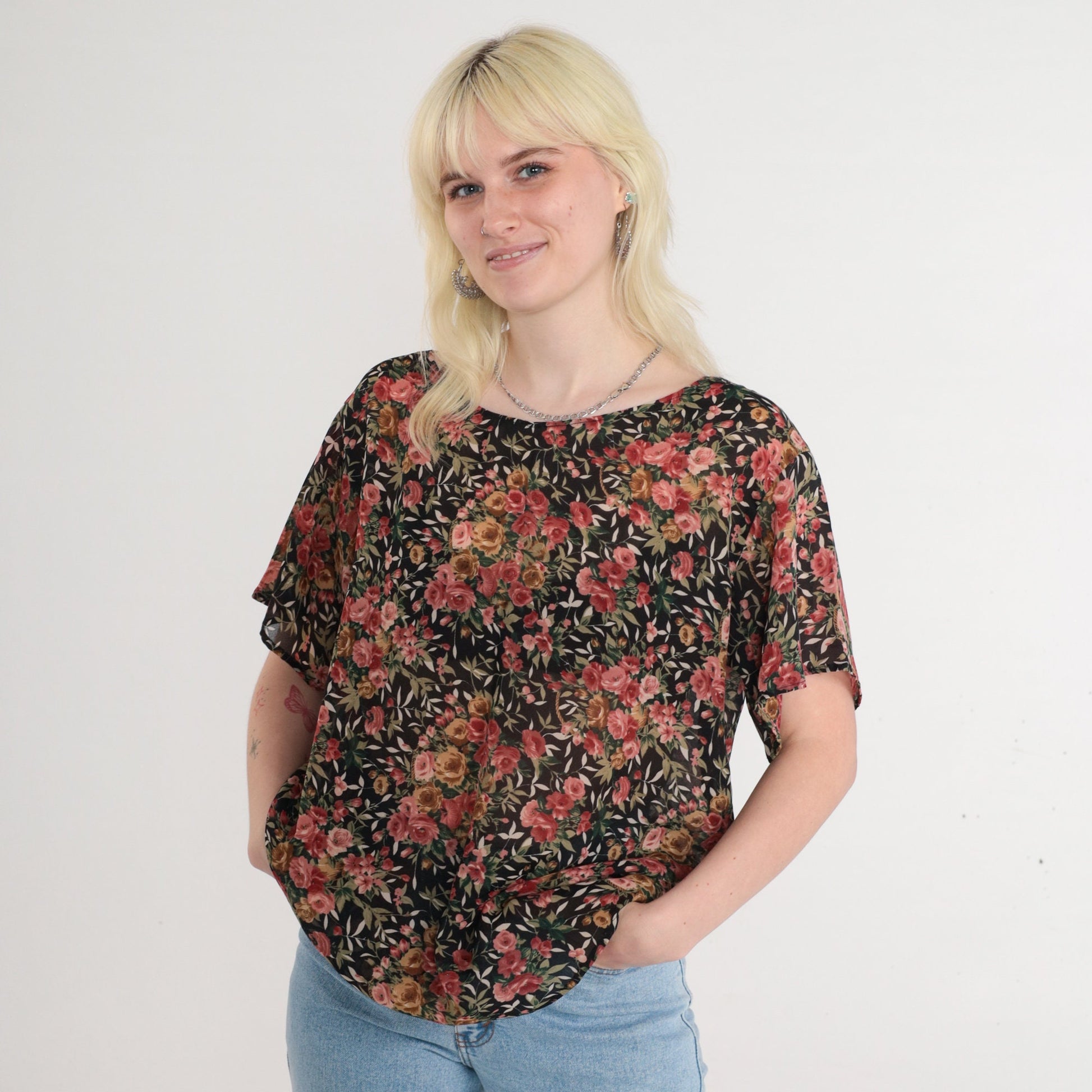 90s Black Floral Rose Print Blouse Short Sleeve Top Large L