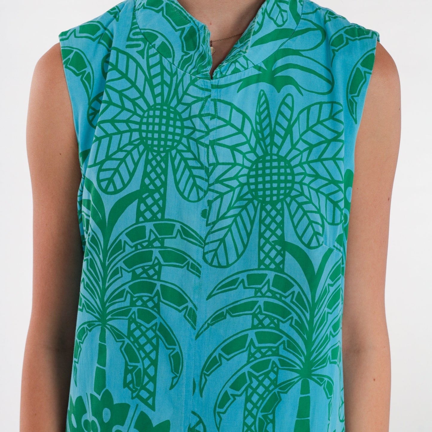 60s Ruth Clarage Tropical Palm Tree Shift Dress Blue Midi Medium