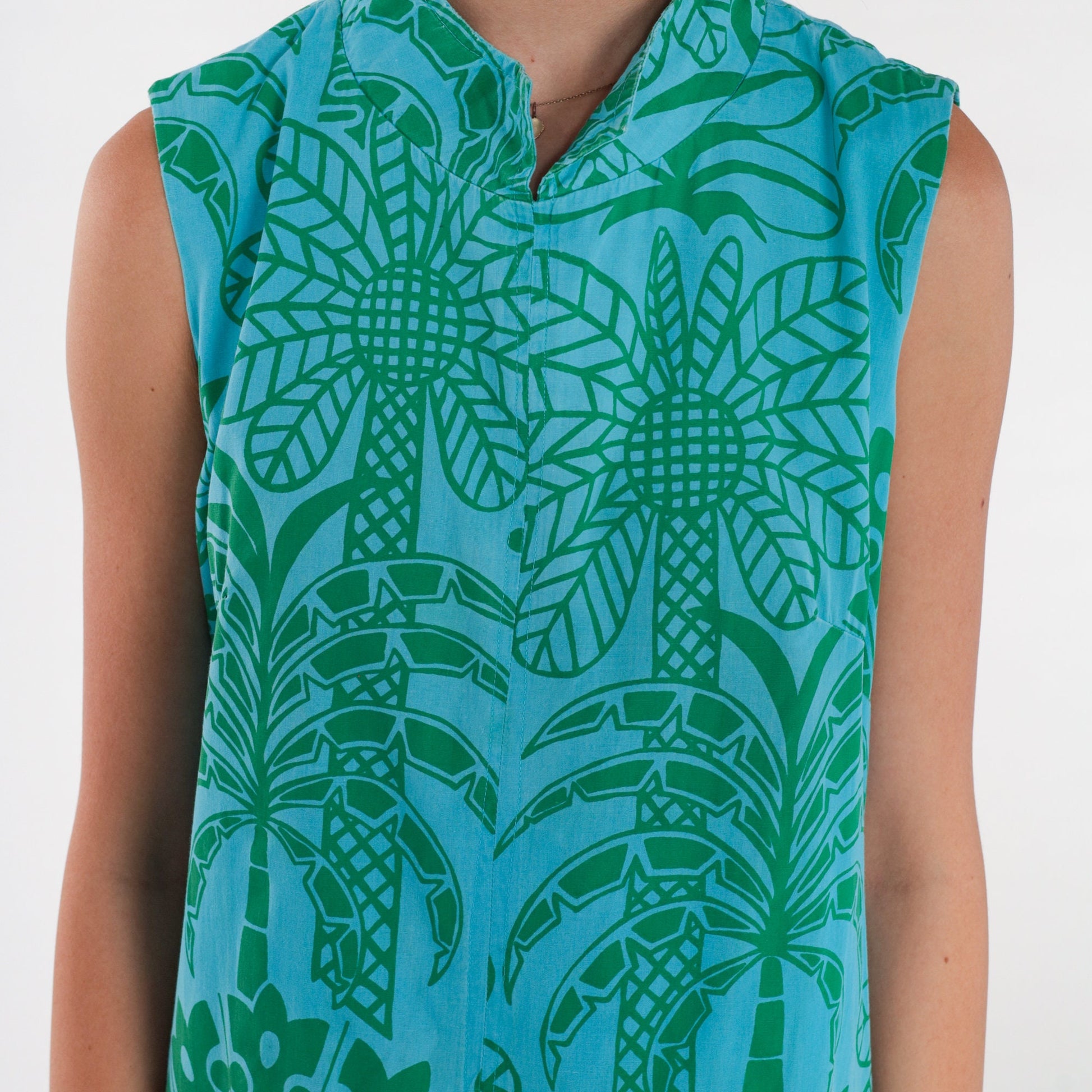 60s Ruth Clarage Tropical Palm Tree Shift Dress Blue Midi Medium