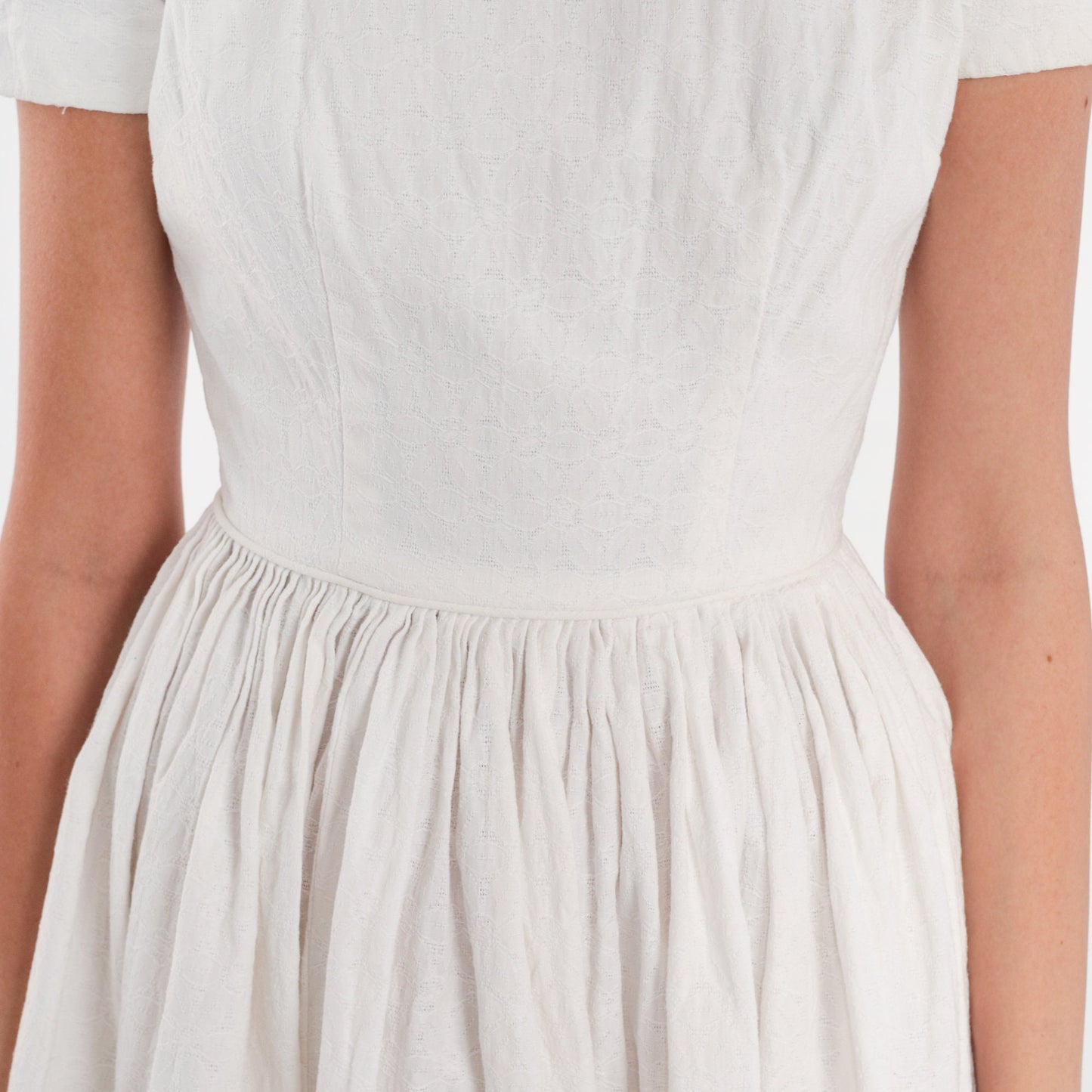 60s White Floral Lace Dress High Waist Full Skirt Knee Length XXS