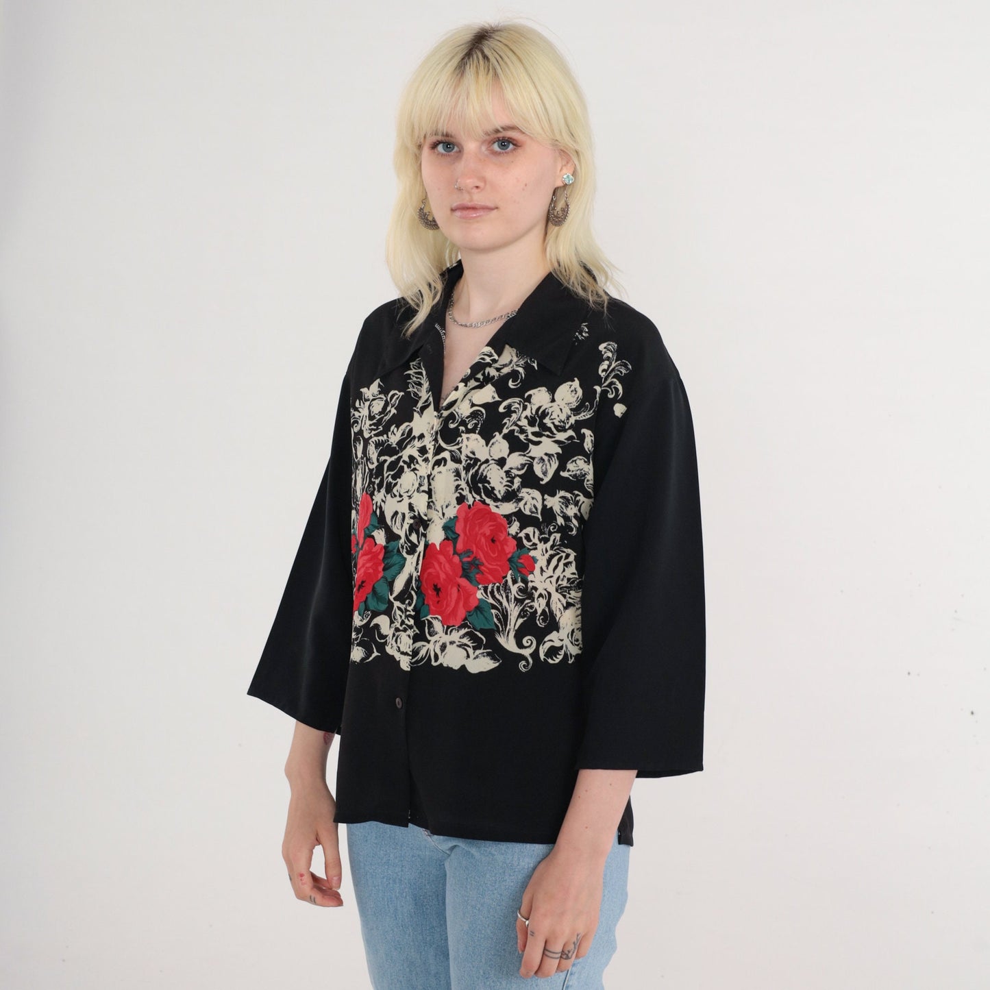 80s Black Floral Rose Print Button-Up Blouse 3/4 Sleeve Collared Medium