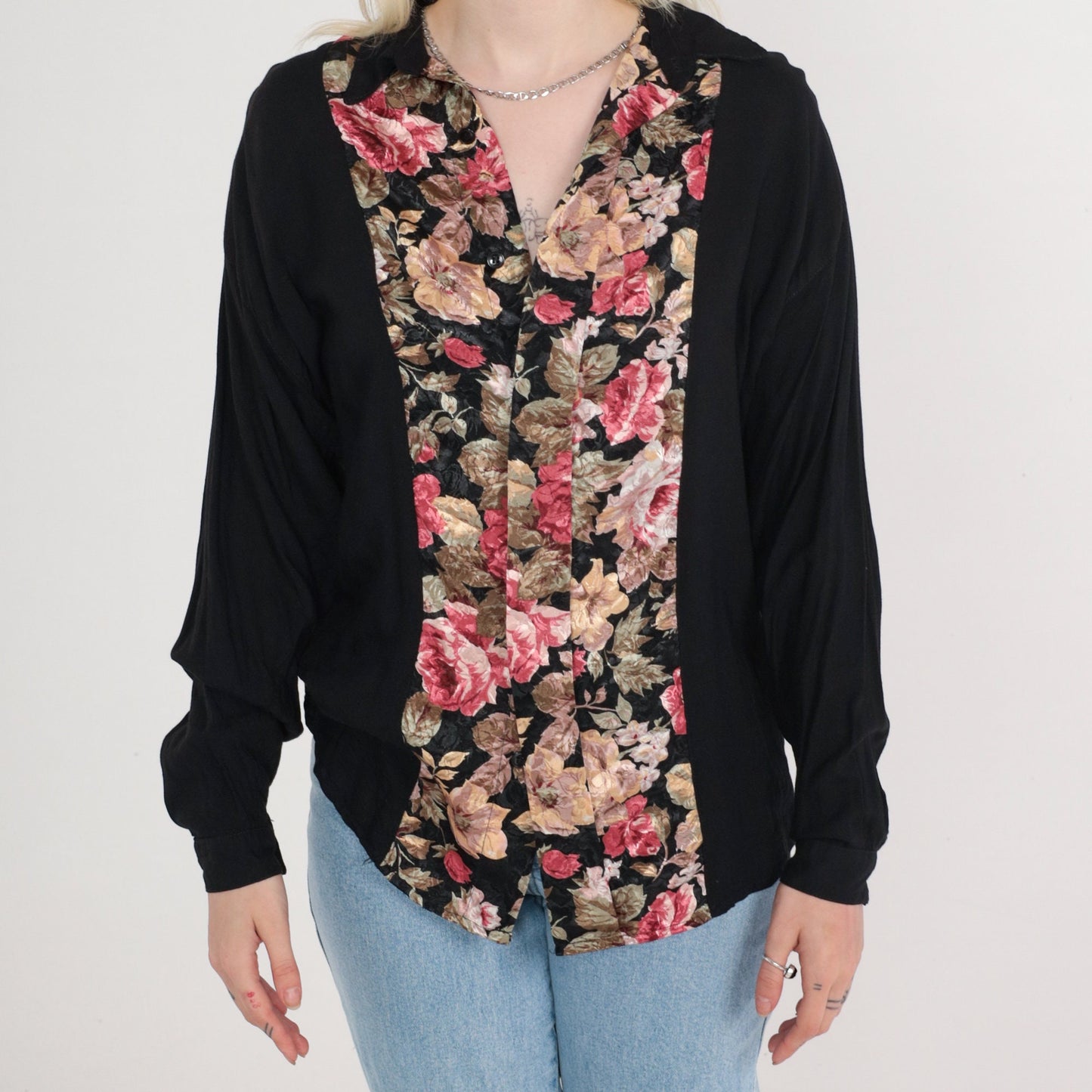 90s Black Rose Floral Button-Up Blouse Long Sleeve Medium