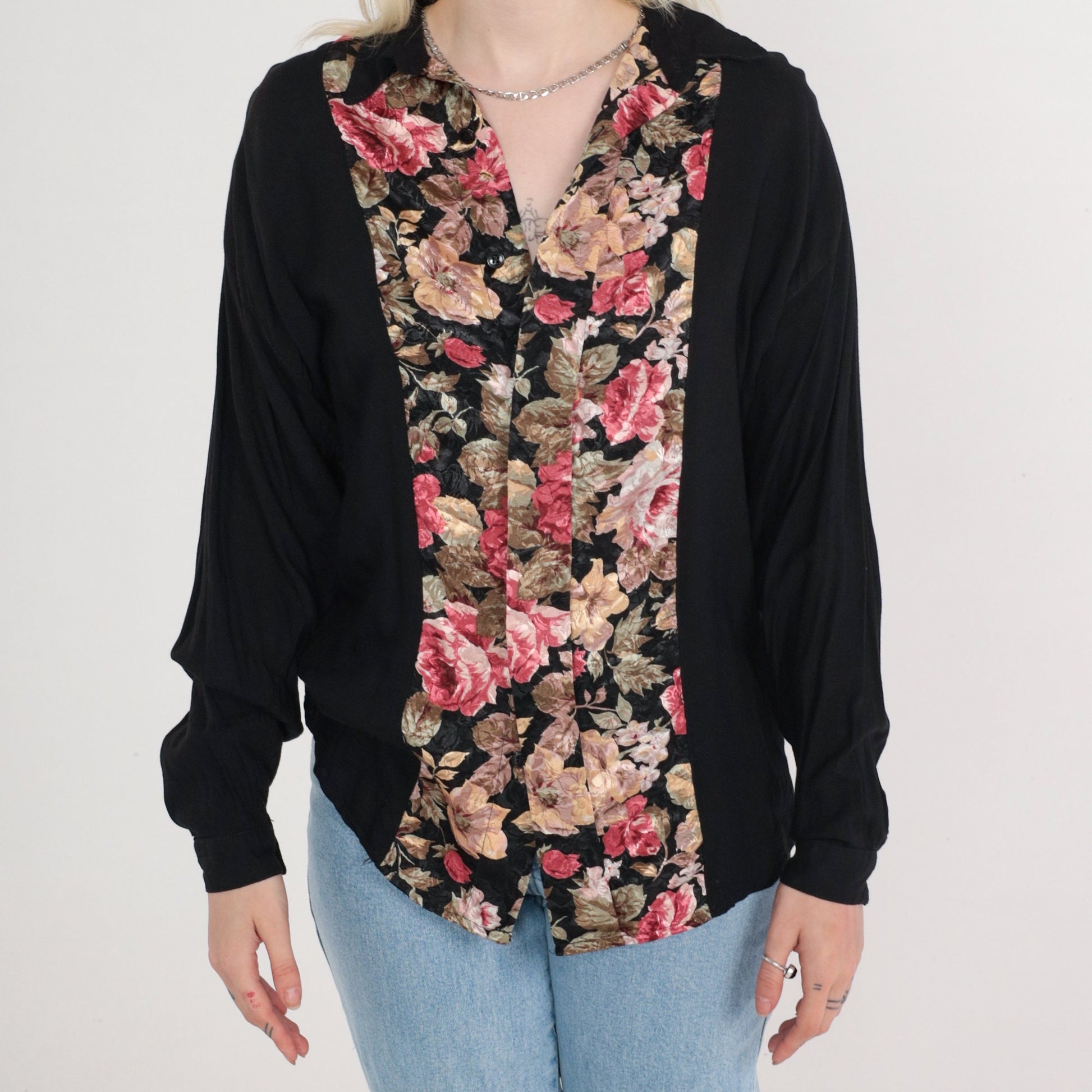 90s Black Rose Floral Button-Up Blouse Long Sleeve Medium