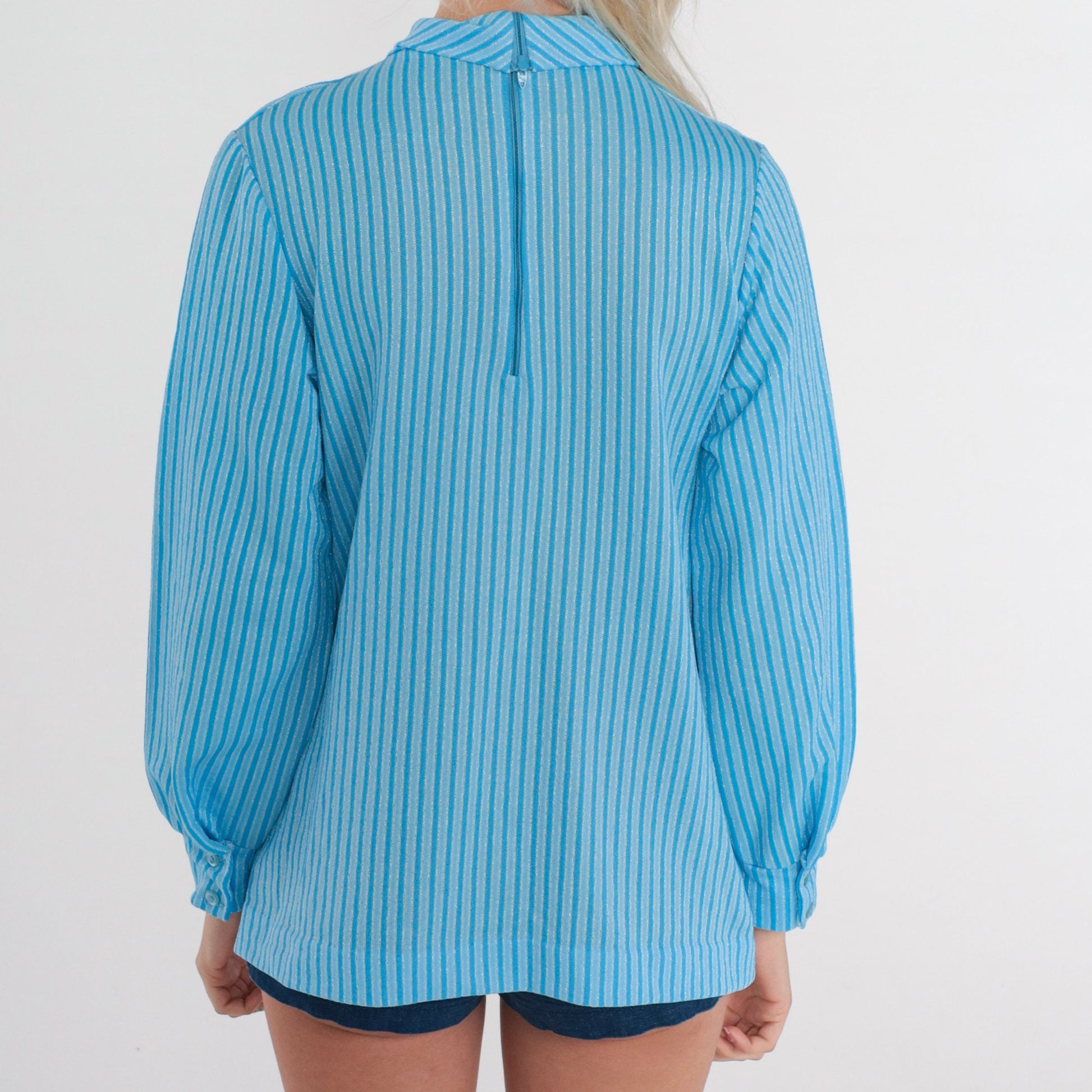 70s Blue Striped Ascot Blouse Long Sleeve Necktie Top Medium