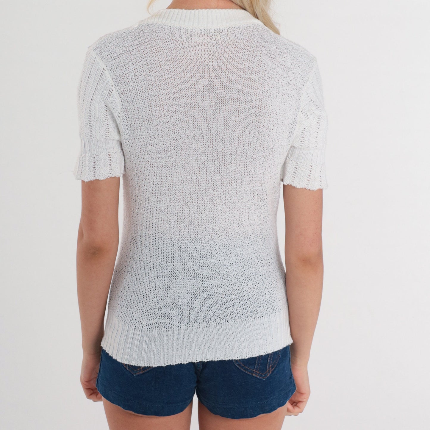 70s White Pointelle Knit Top Short Sleeve Cutout Blouse Extra Small XS