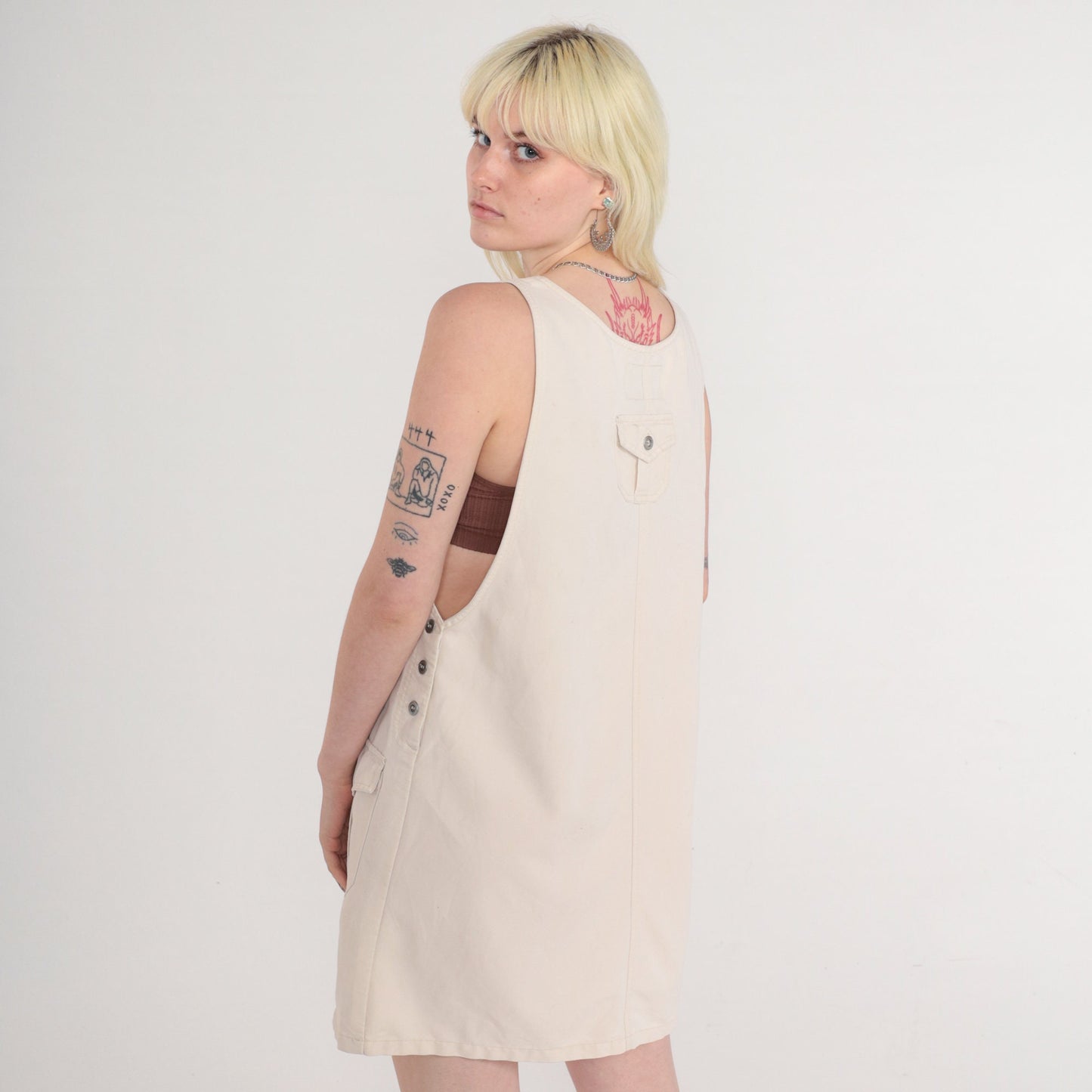 90s Beige Jumper Dress Heart Apple Print Sleeveless Mini Medium
