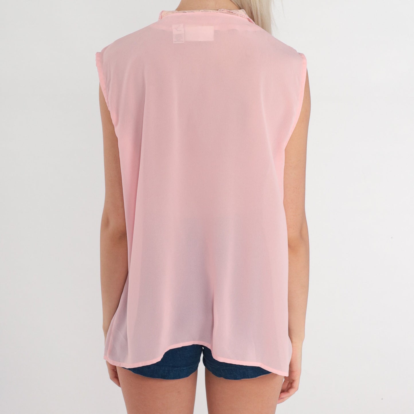 80s Baby Pink Lace Peter Pan Collar Sleeveless Button-Up Blouse Medium