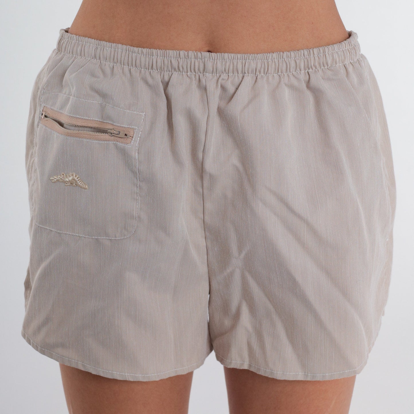 90s Pinstriped Tan Swim Shorts Elastic Waist Board Shorts Small Medium