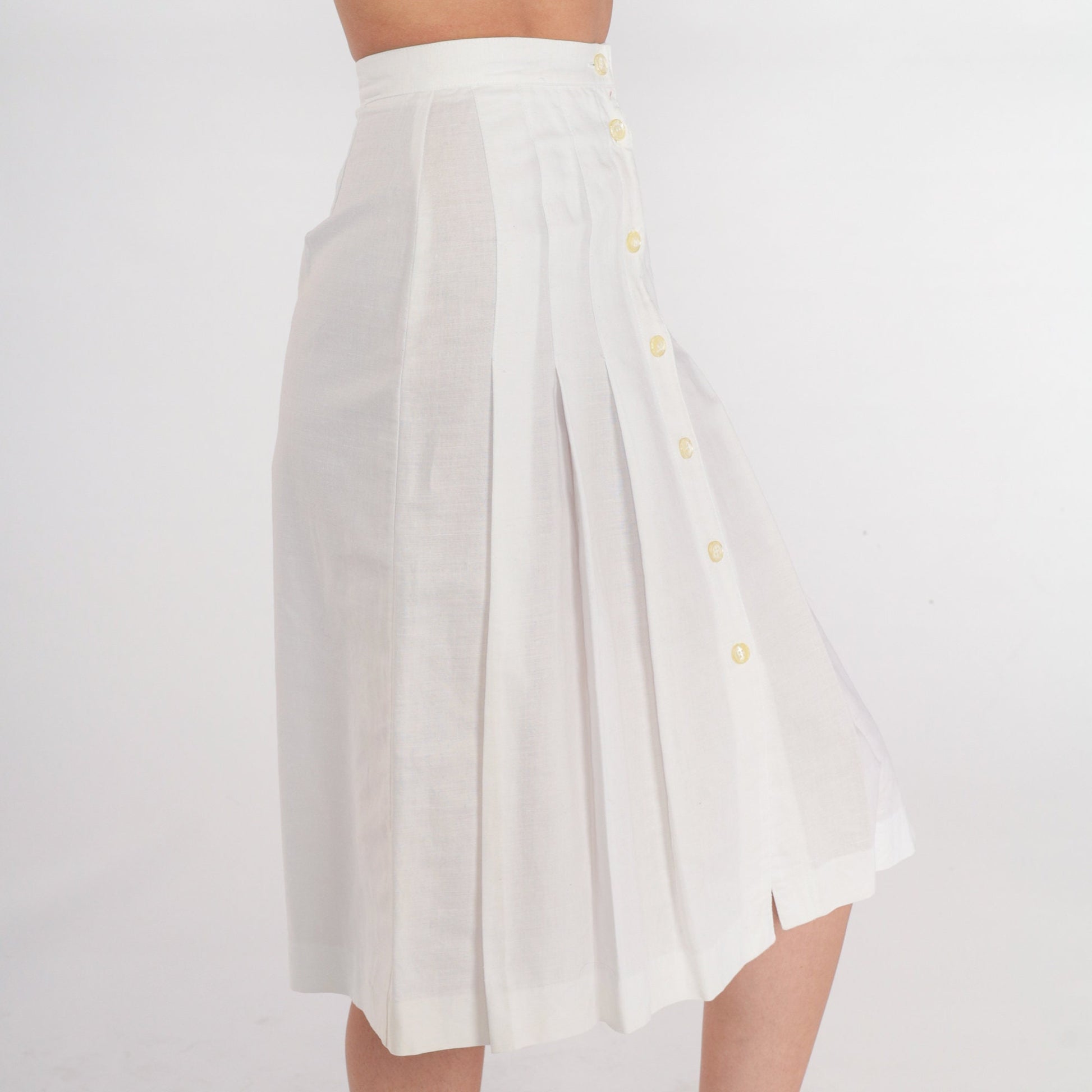 80s White Pleated Midi Skirt High Waisted Button Front XXS