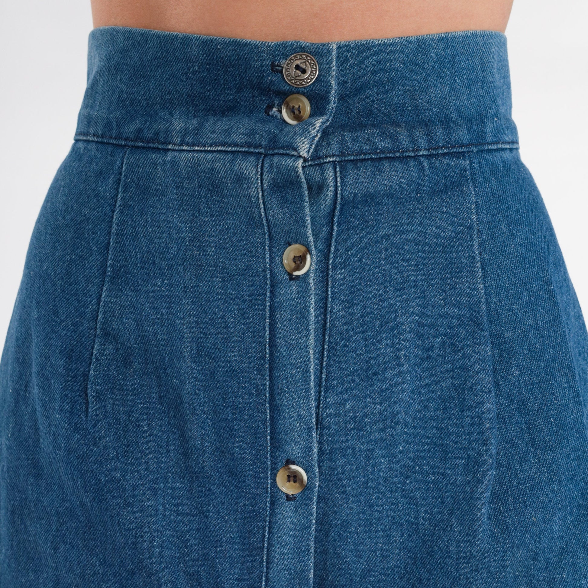 90s Luskys Denim Midi Skirt Blue High Waisted Button Front A-Line Extra Small