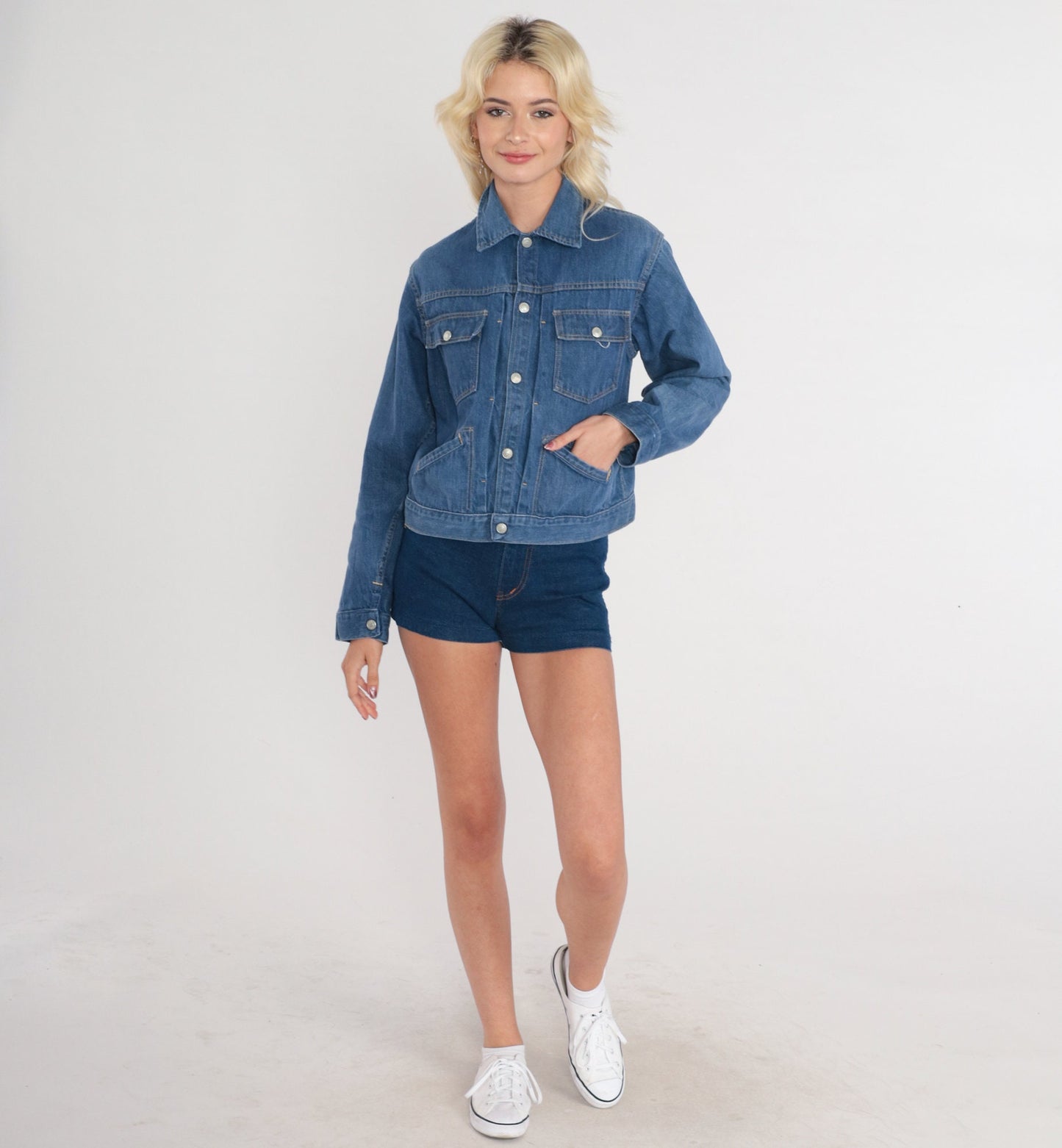 70s Blue Denim Jacket Collared Button-Up Jean Coat Small S