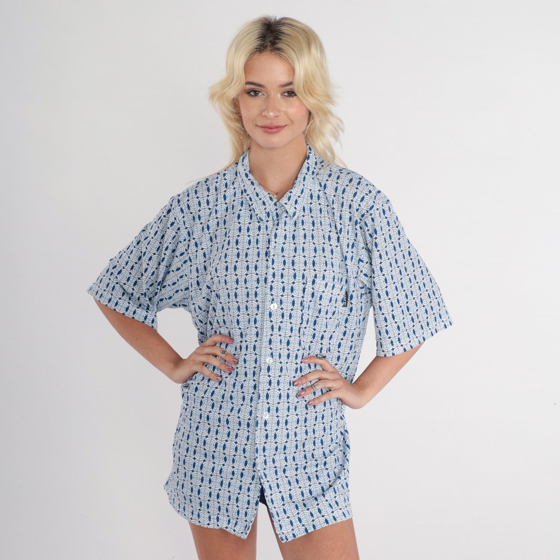 90s Geometric Circle Print Button-Up Shirt Blue White Abstract Short Sleeve Extra Large
