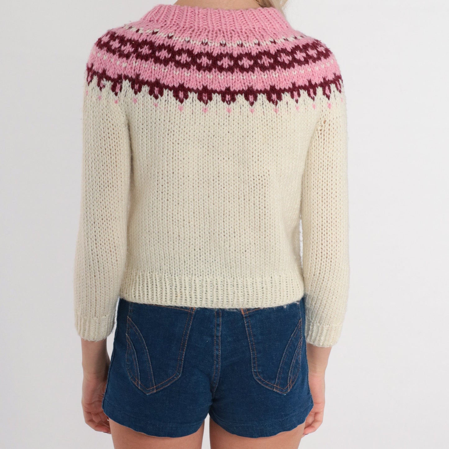 70s Fair Isle Sweater Cream Pink Nordic Knit Crewneck Extra Small