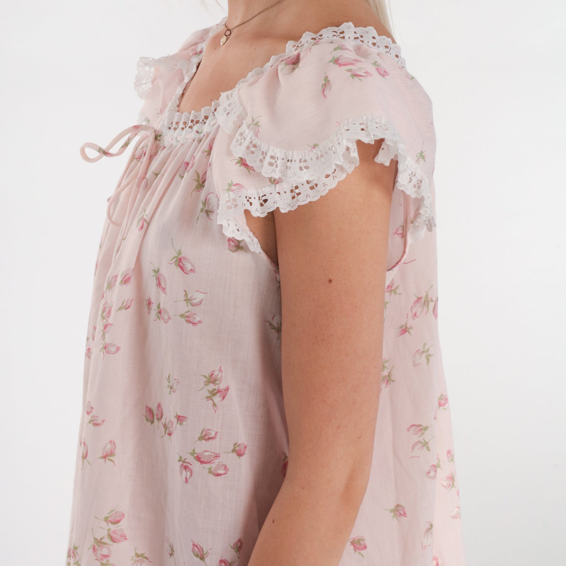 80s Floral Shift Dress Baby Pink Tulip Sleeve Lace Trim Midi Medium
