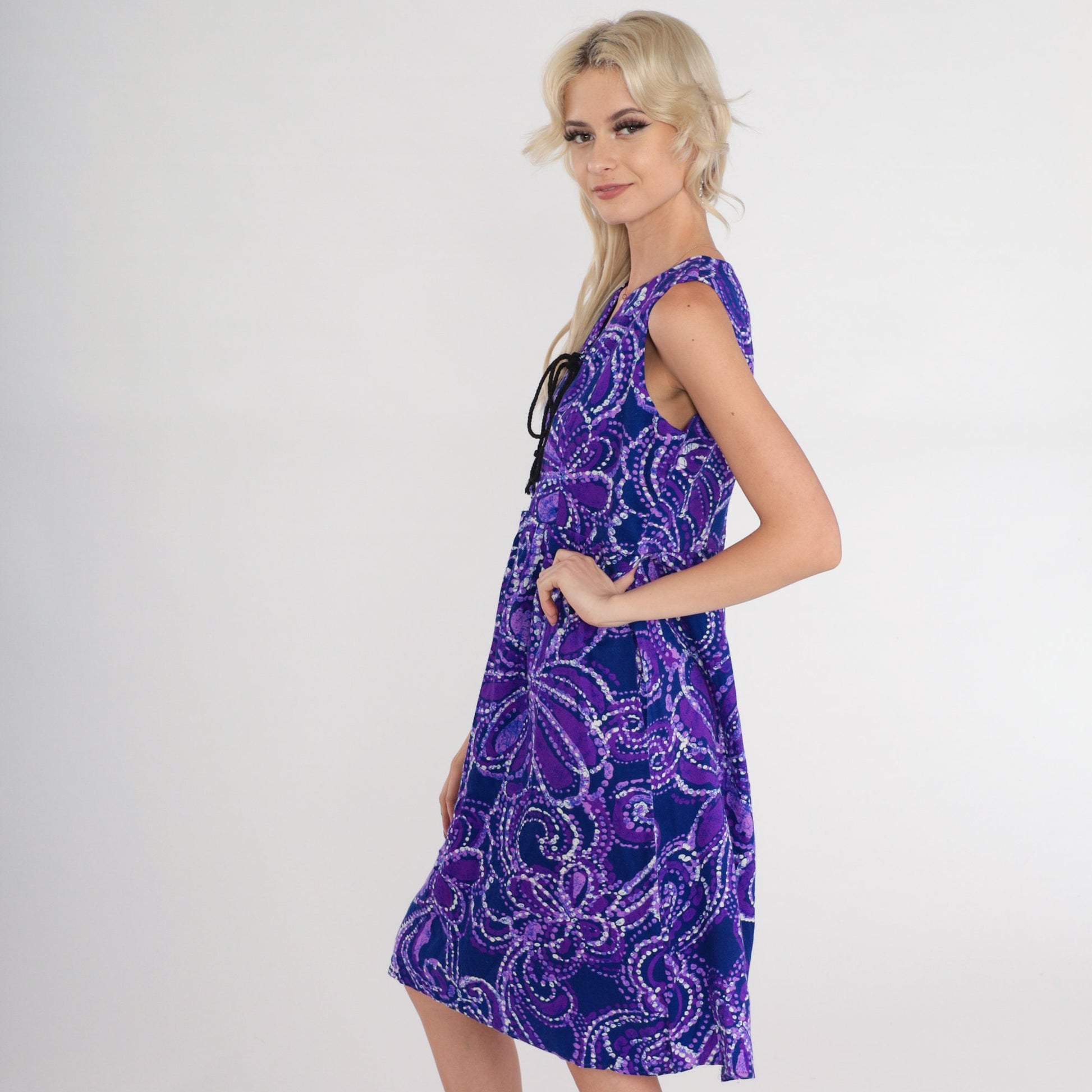 70s Purple Floral Midi Dress Lace-Up Corset Sleeveless High Waist Medium