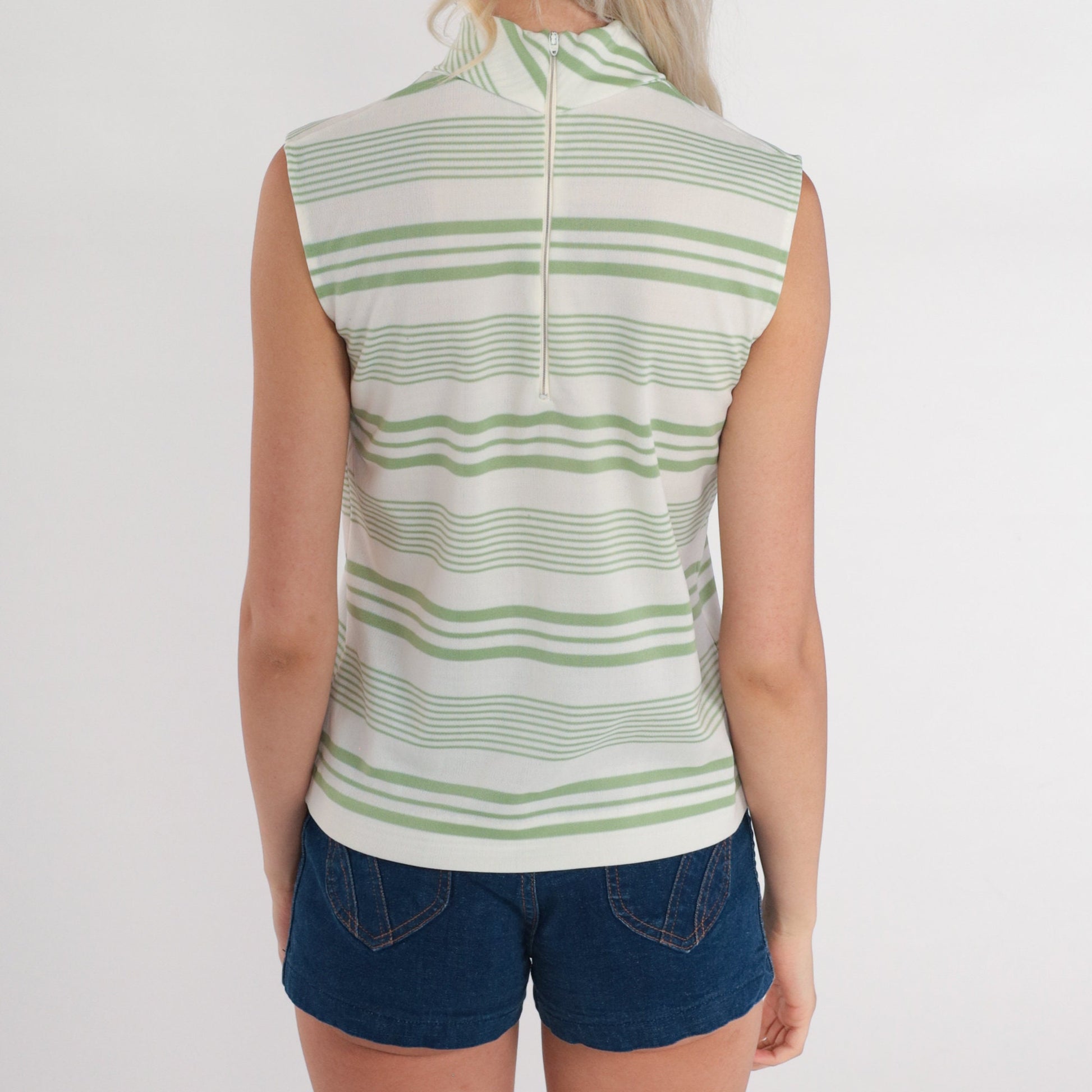 70s Green & White Striped Tank Top Mock Neck Zip Back Small