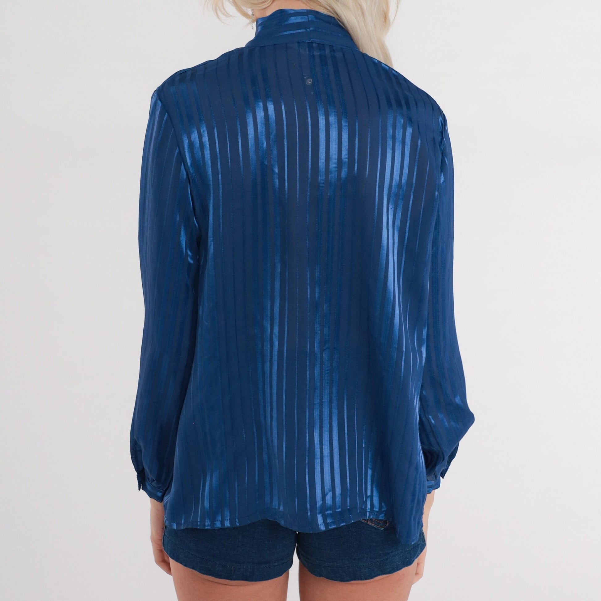 80s Blue Striped Necktie Blouse Semi-Sheer Button-Up Long Sleeve Small