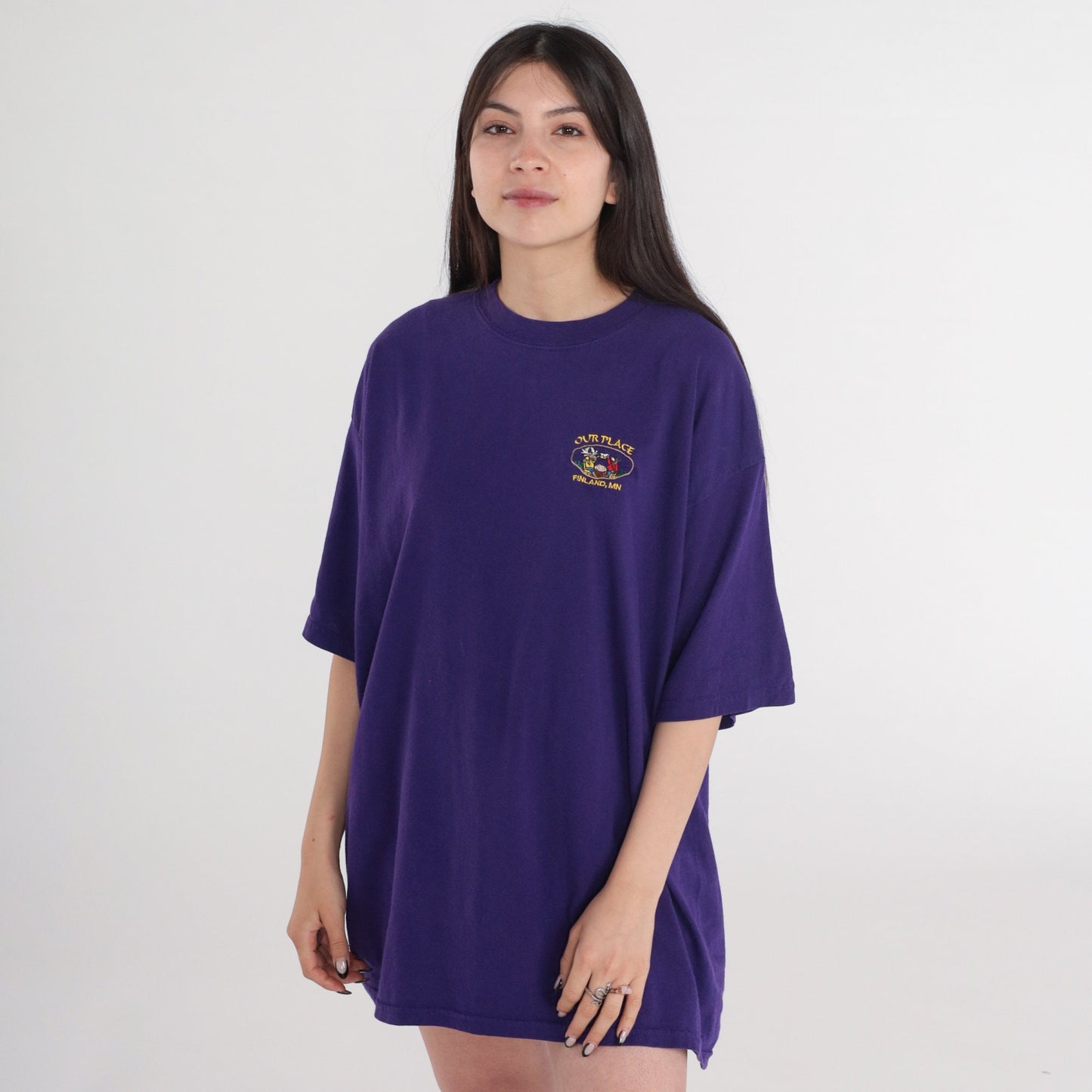 90s Our Place Finland Minnesota Graphic T-Shirt Purple Embroidered Extra Large