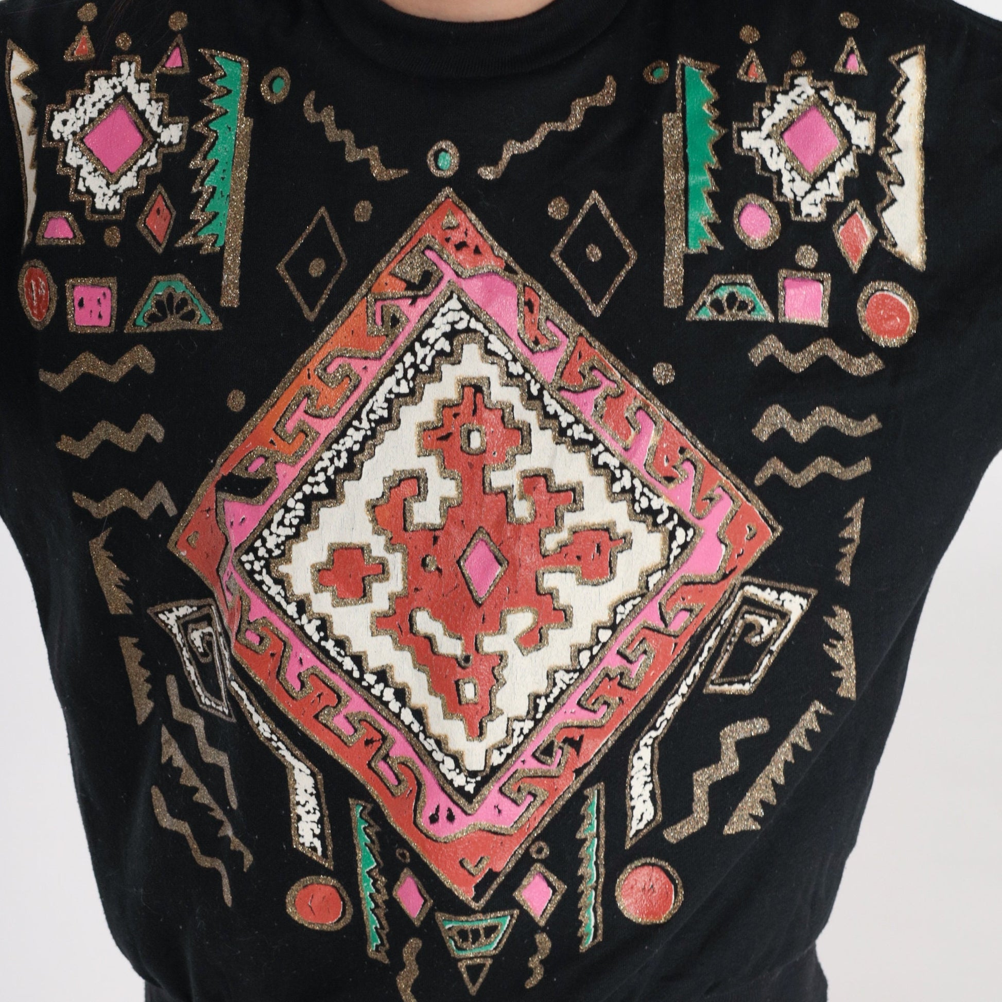 90s Southwestern Geometric Glitter Sweatshirt Black Gold Crewneck Small Medium