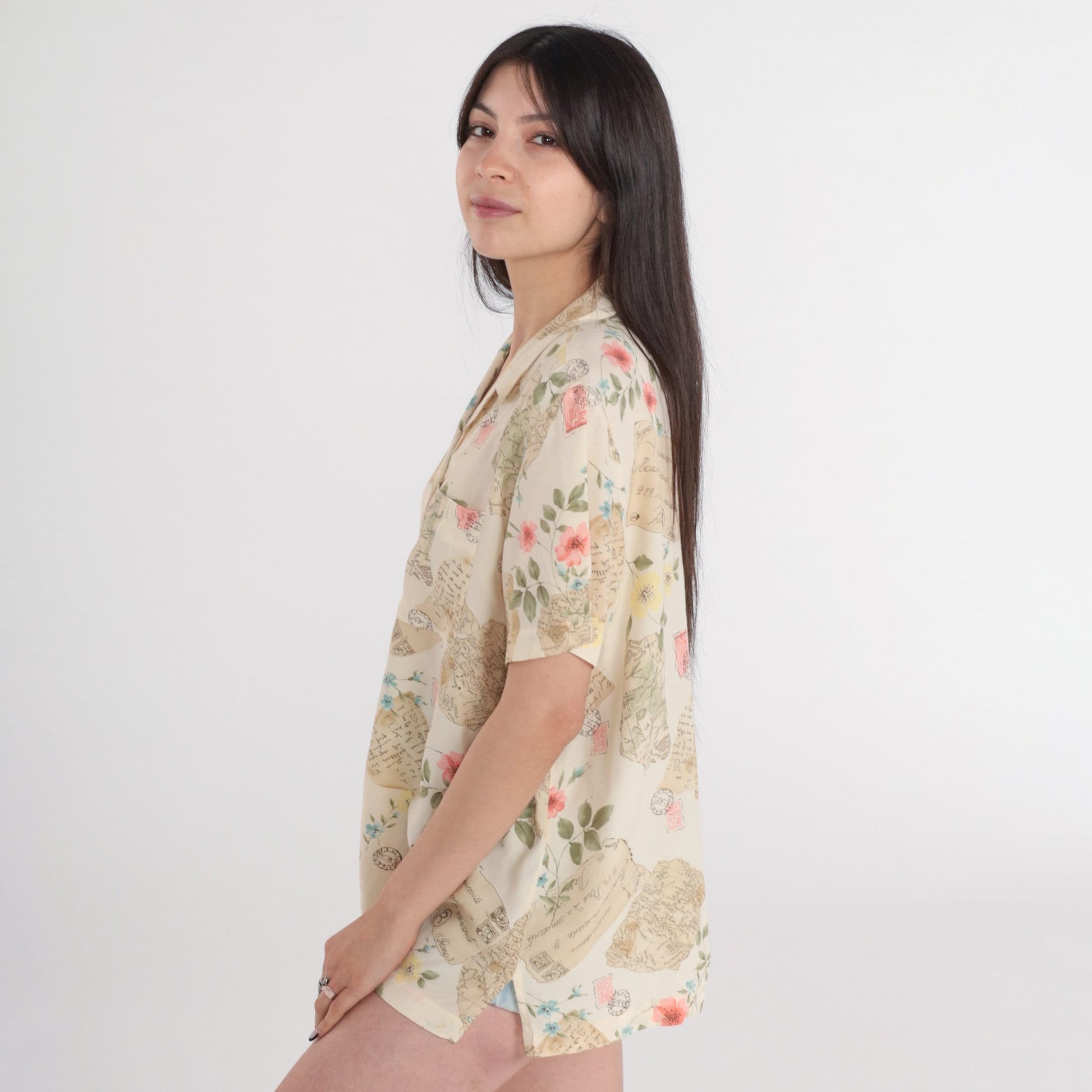 90s Liz Claiborne Travel Print Button-Up Blouse Cream Floral Postcard Shirt Large