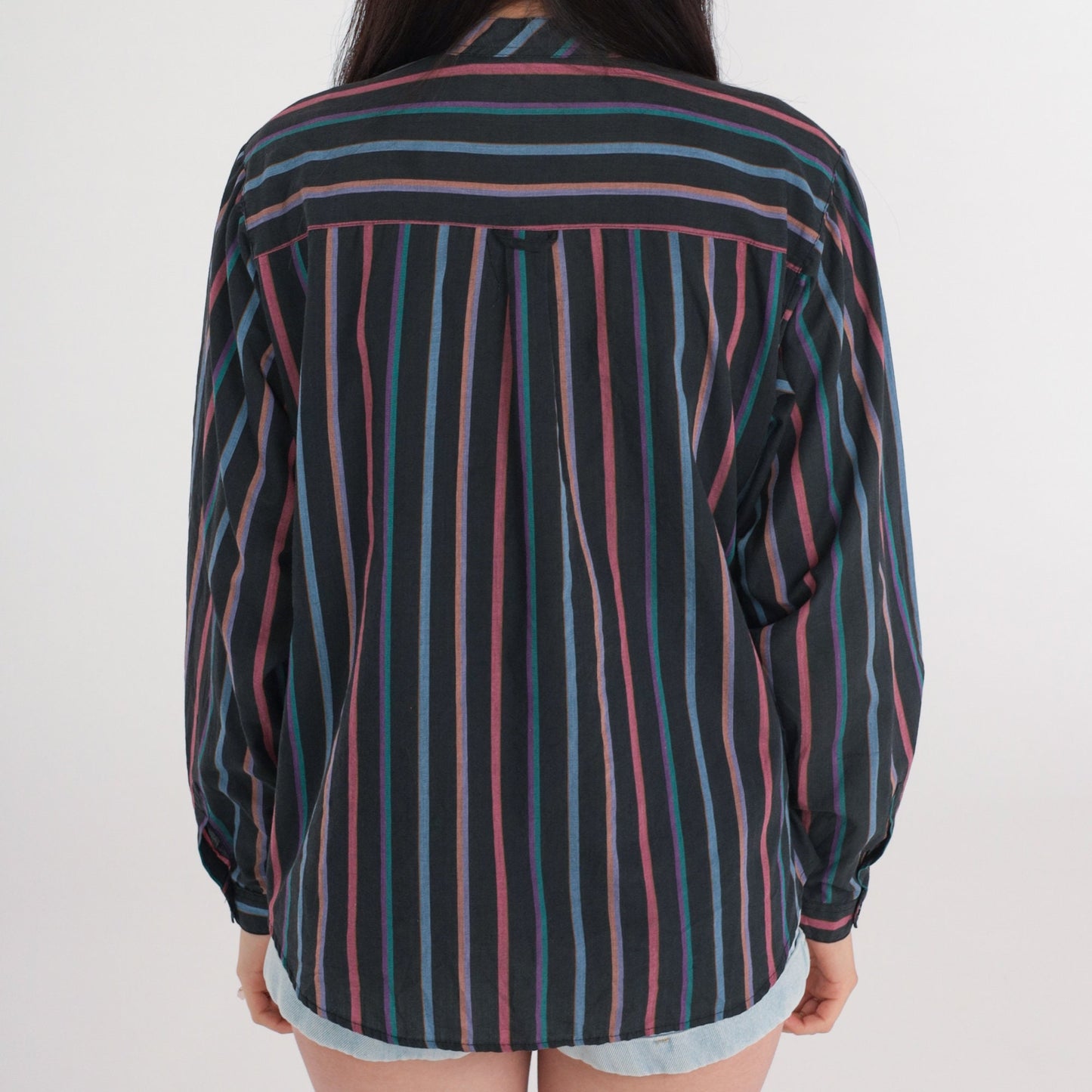 90s Black Striped Button-Up Blouse Chest Pocket Long Sleeve Medium