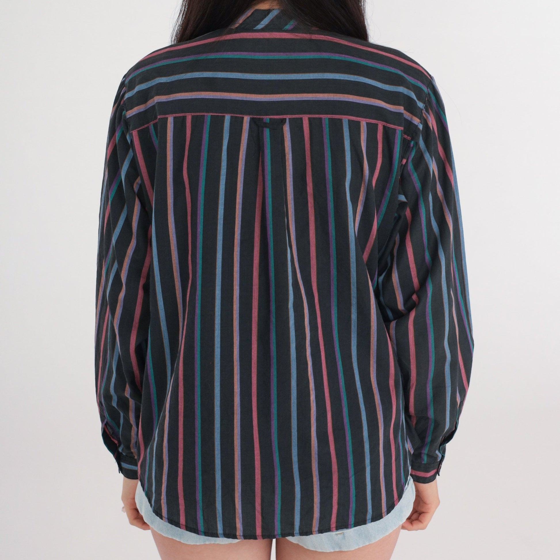 90s Black Striped Button-Up Blouse Chest Pocket Long Sleeve Medium