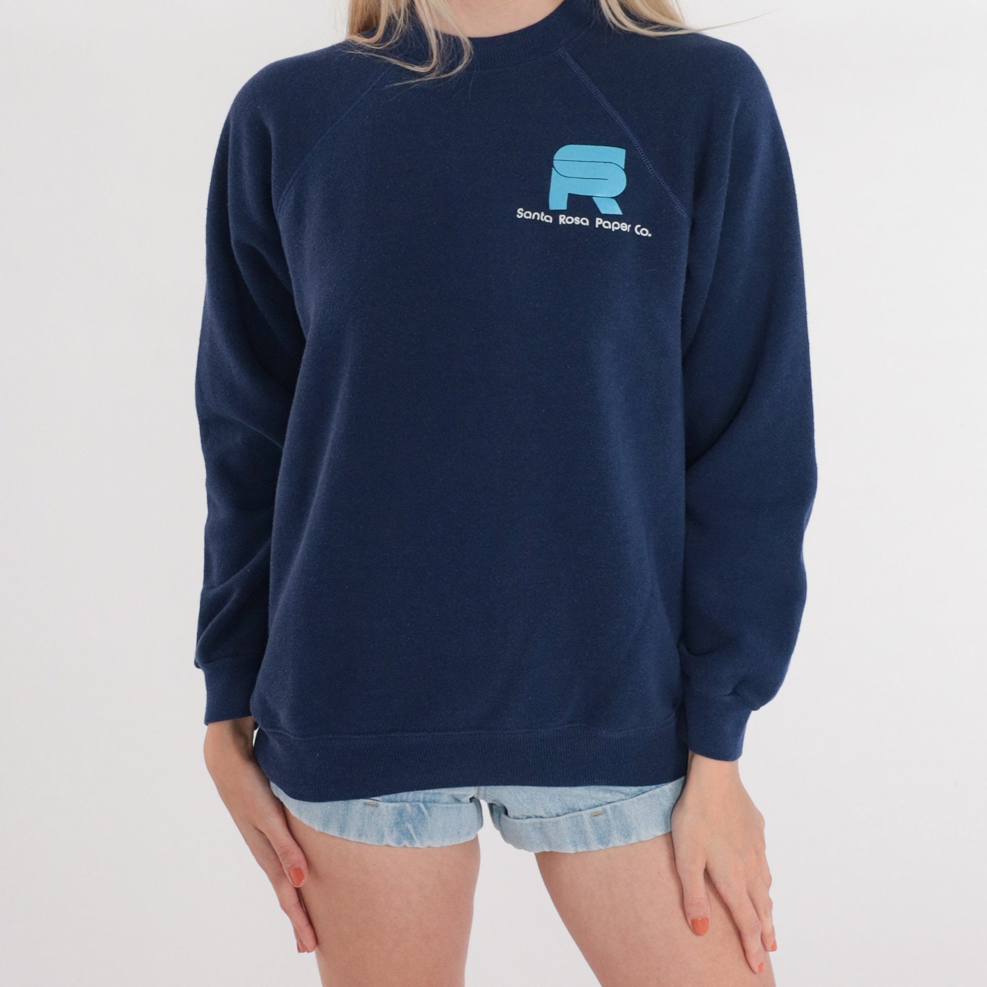 90s Santa Rosa Paper Co Logo Sweatshirt Navy Raglan Crewneck Medium M