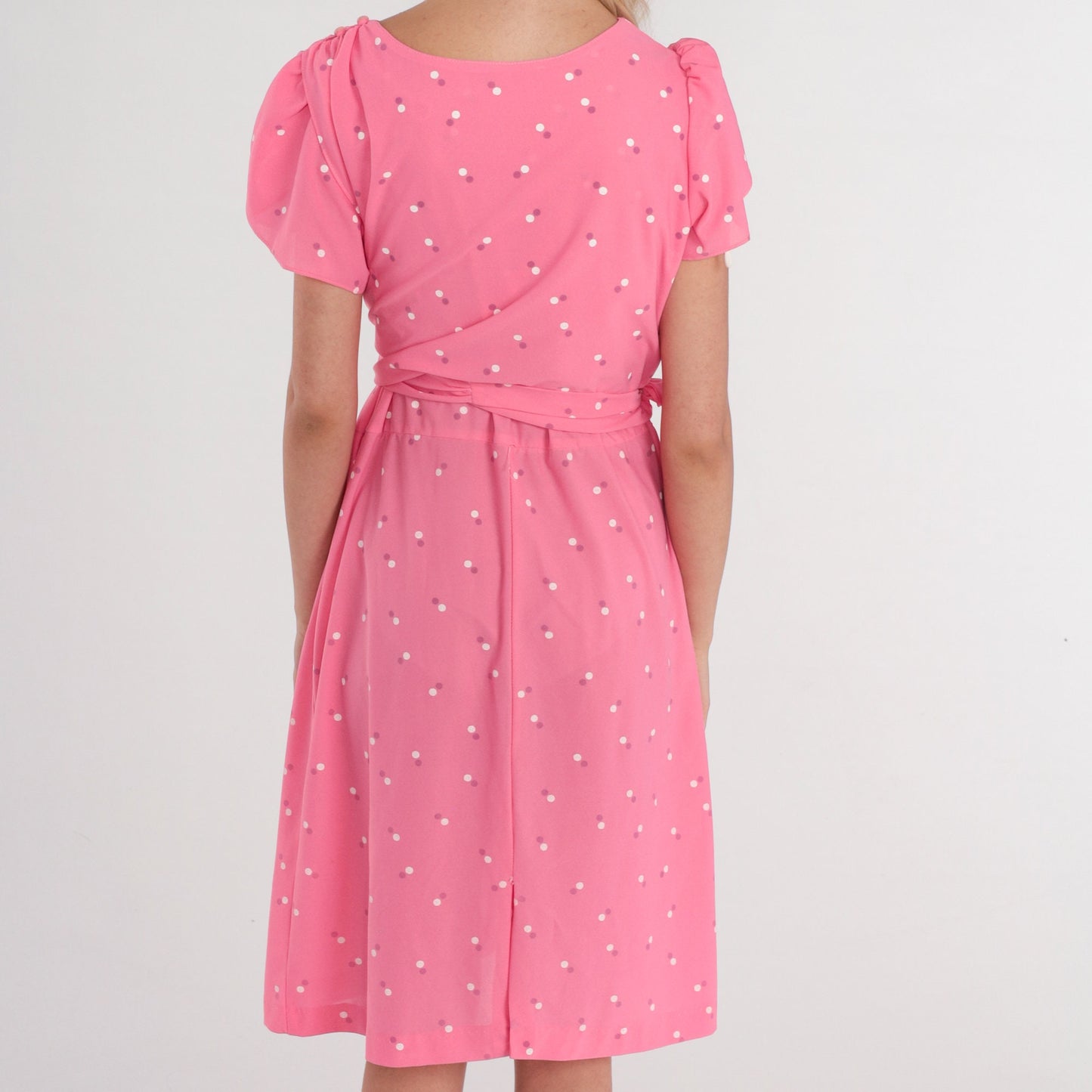 70s Pink Floral Midi Dress Puff Sleeve High Waist Tie Belt Knee Length Medium M