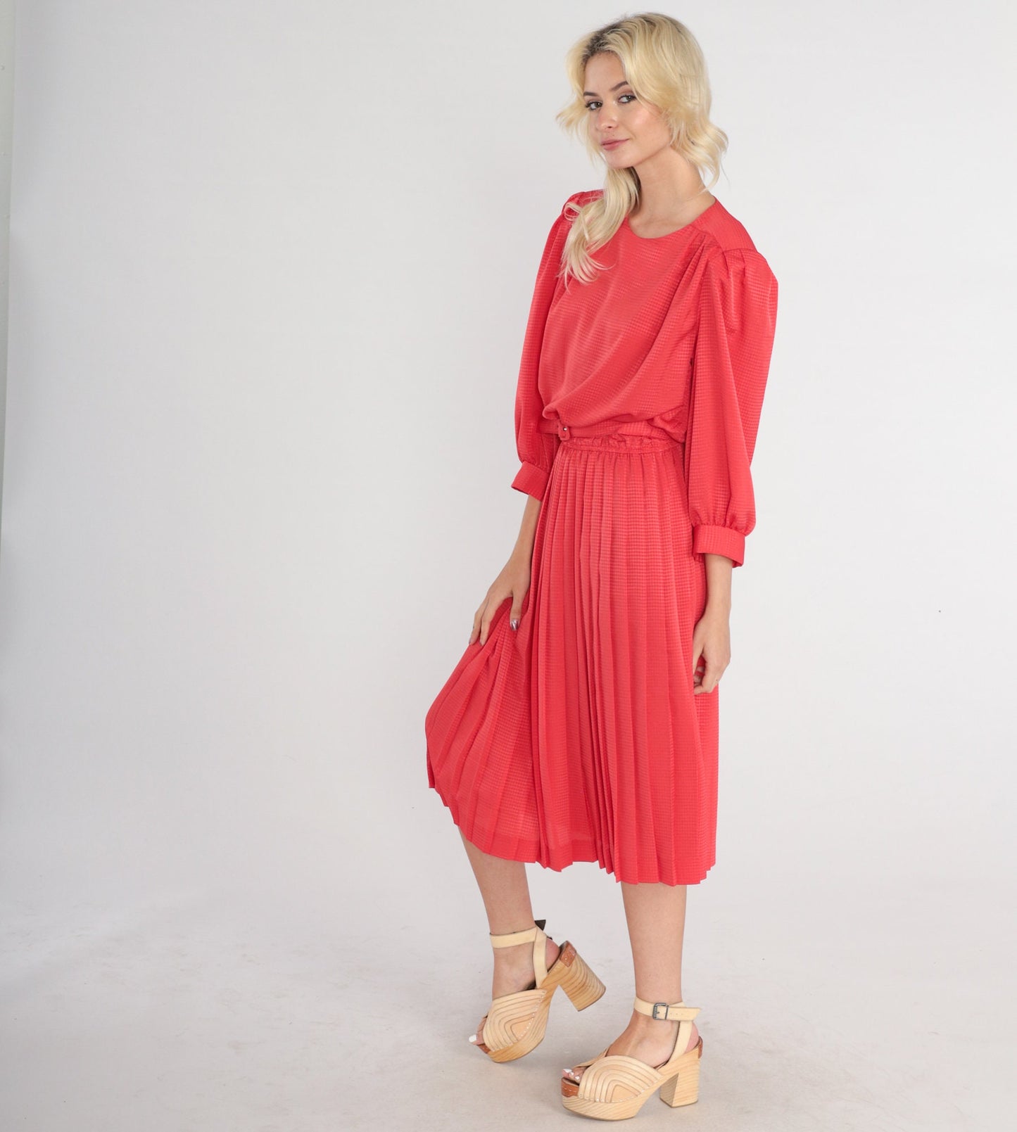 80s Red Diamond Print Midi Dress Puff Sleeve High Waisted Belted Small Medium