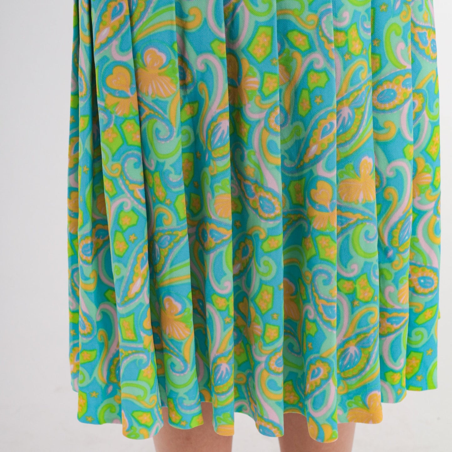 70s Green Paisley Midi Dress Long Sleeve Drop Waist Pleated Large L