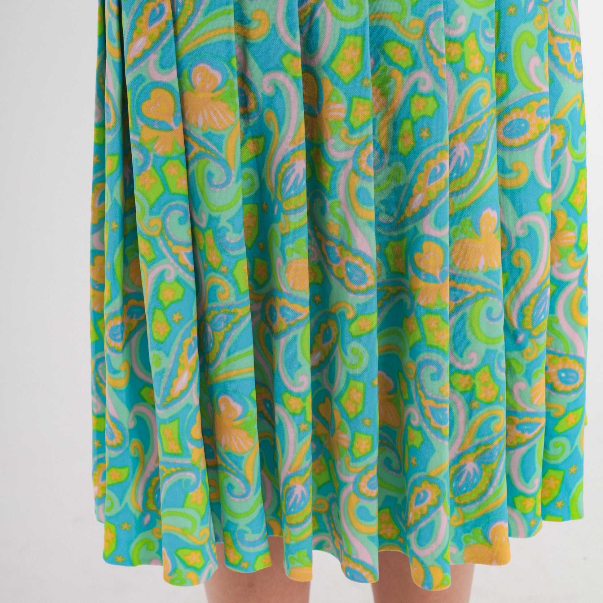 70s Green Paisley Midi Dress Long Sleeve Drop Waist Pleated Large L