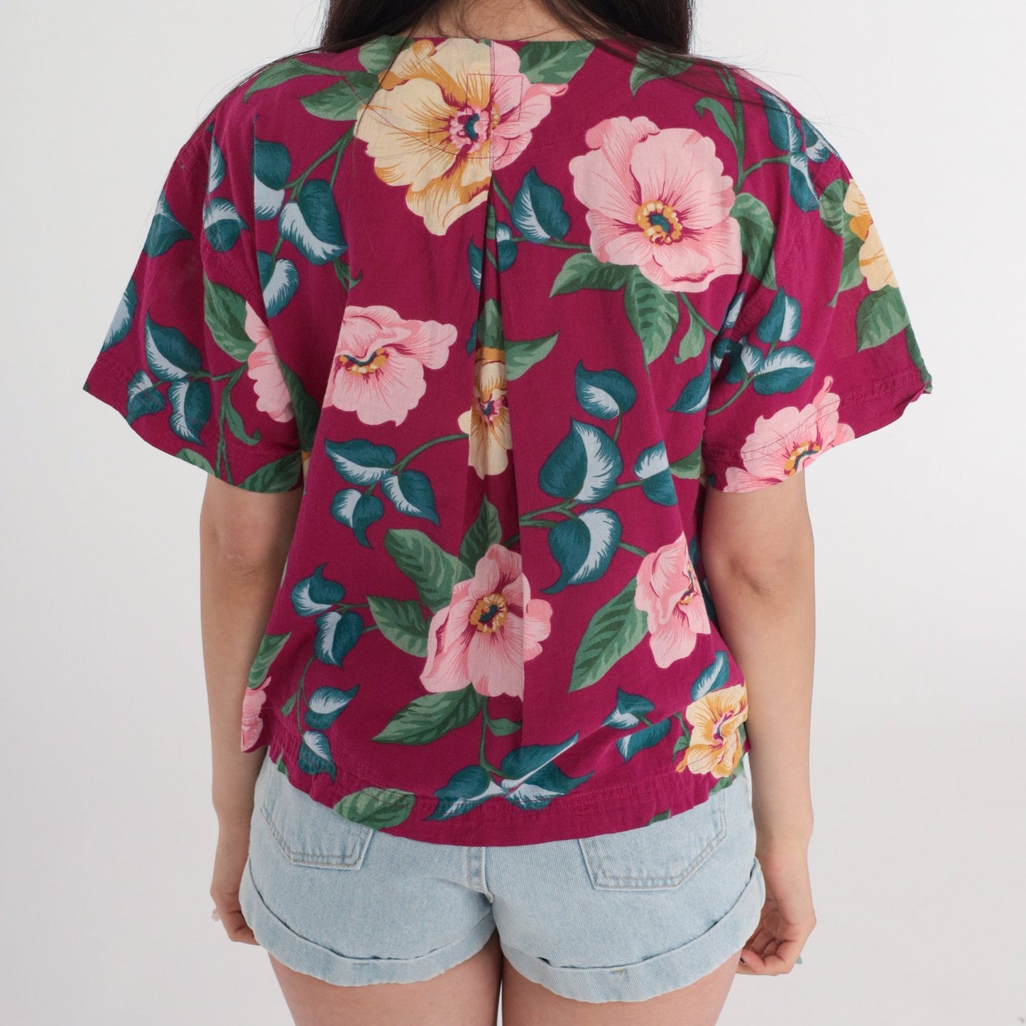 90s Liz Claiborne Floral Button-Up Blouse Fuchsia Pink Short Sleeve Medium