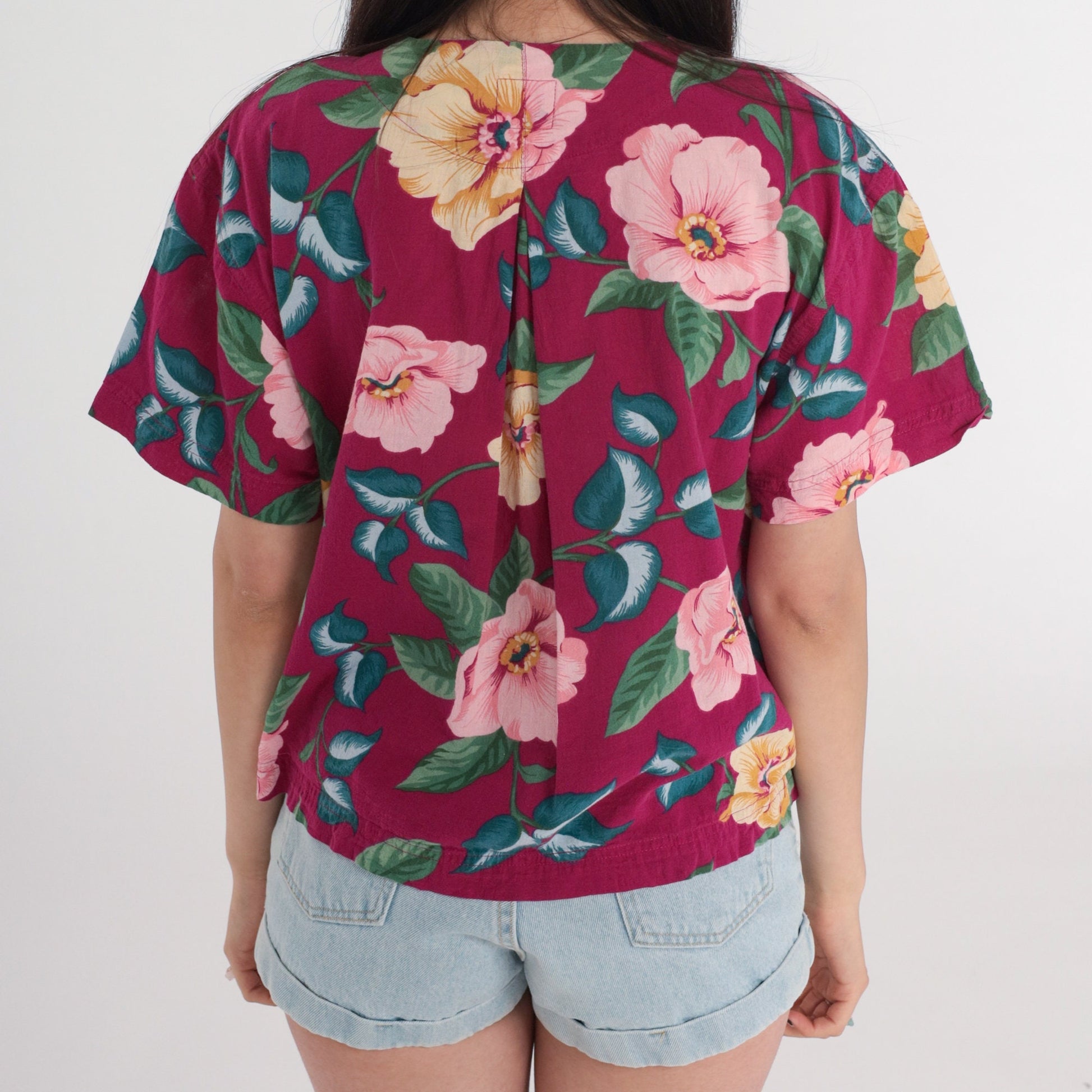 90s Liz Claiborne Floral Button-Up Blouse Fuchsia Pink Short Sleeve Medium