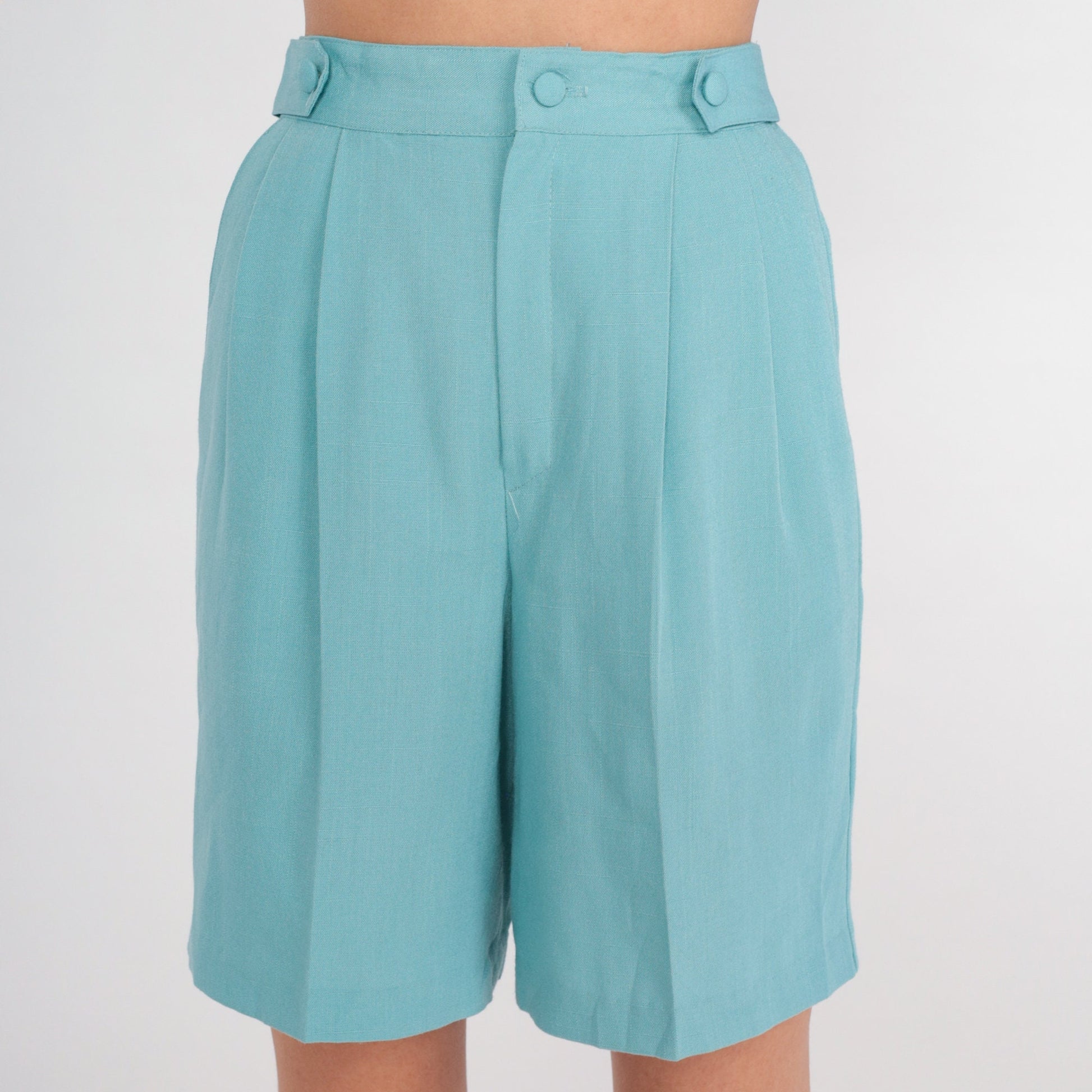 80s Blue Pleated High-Waist Shorts Knee Length Extra Small