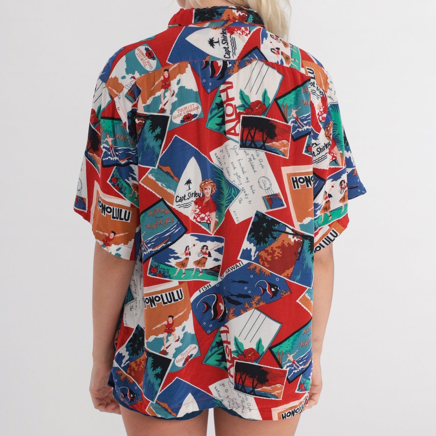 80s Hawaii Postcard Print Button-Up Shirt Red Short Sleeve Medium M