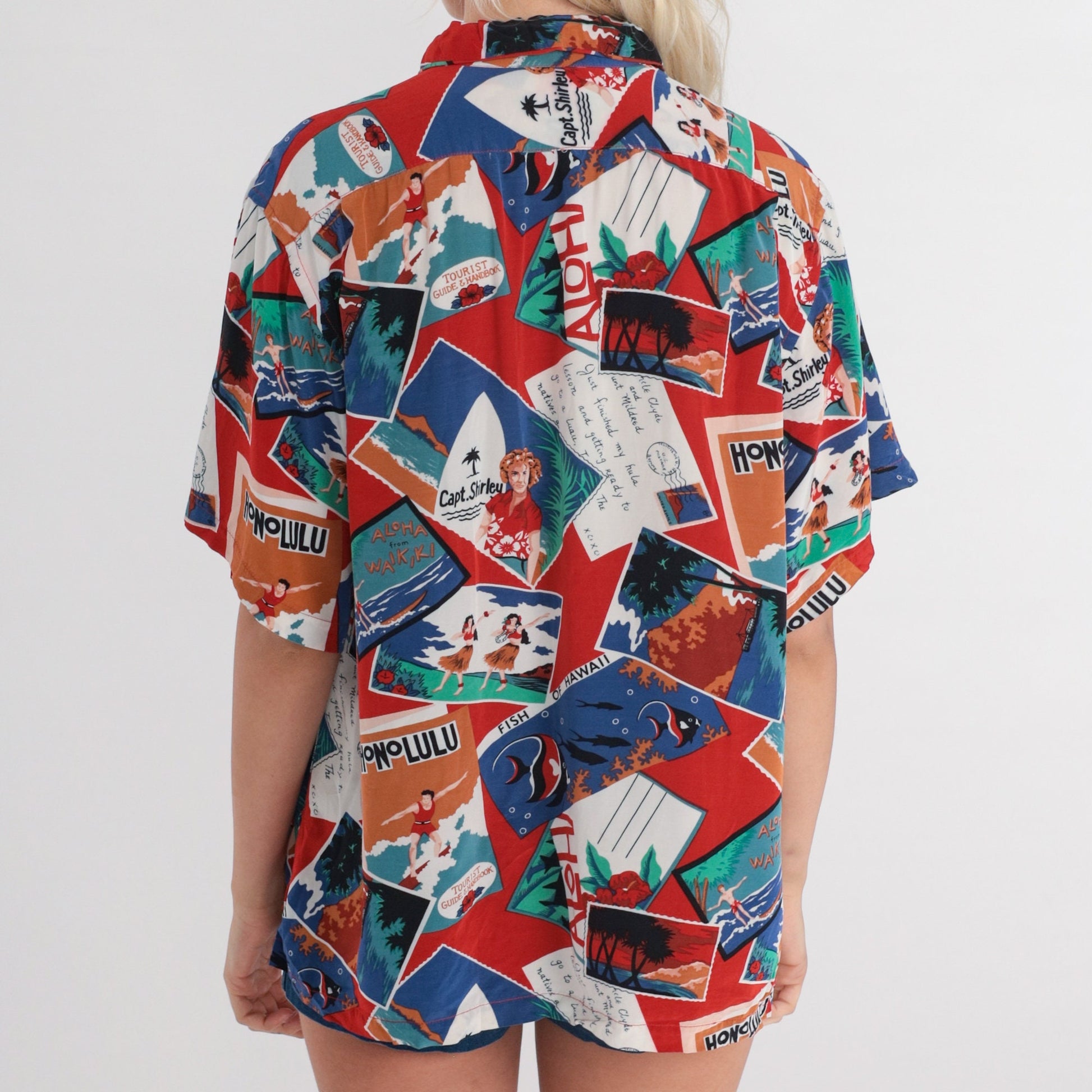 80s Hawaii Postcard Print Button-Up Shirt Red Short Sleeve Medium M