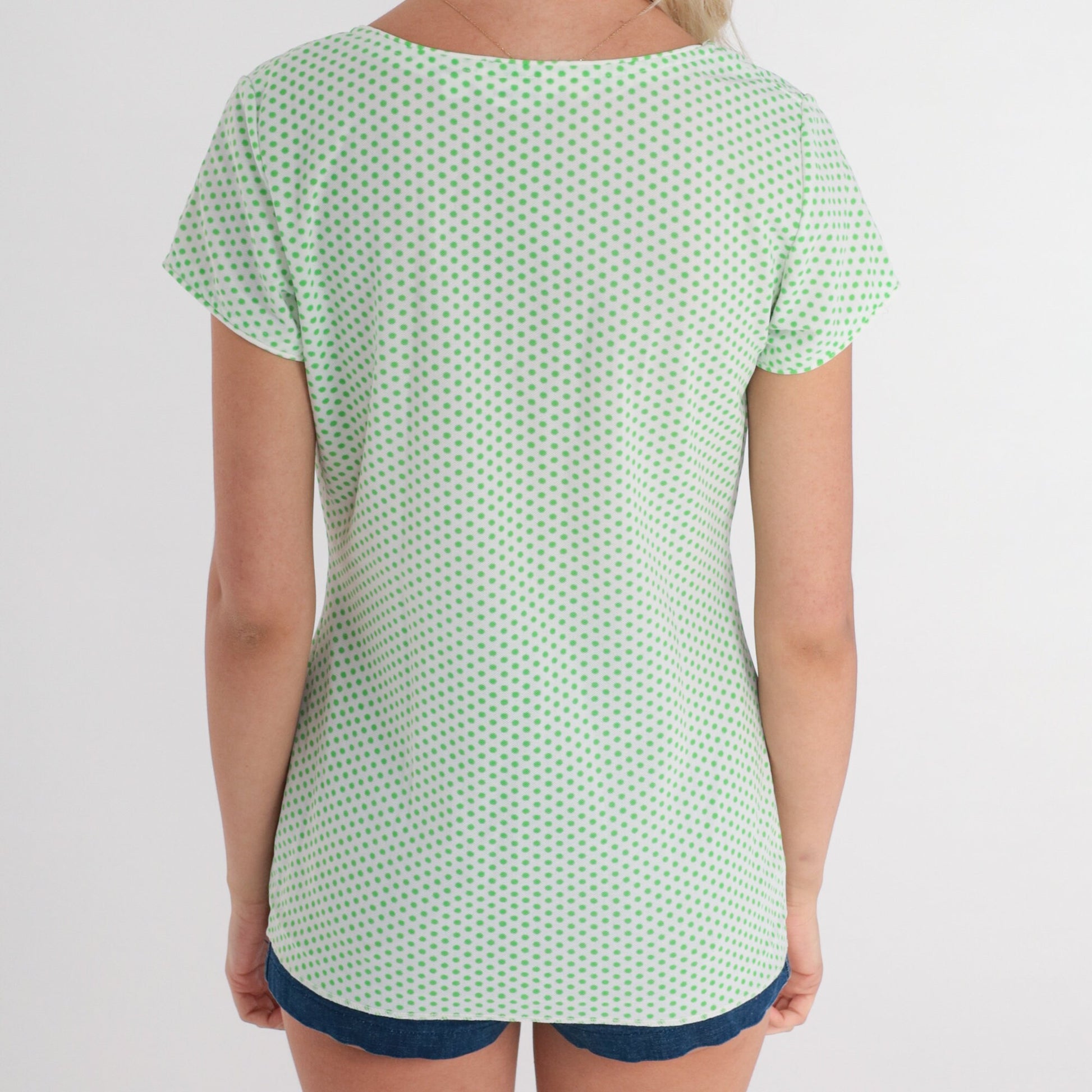 70s Polka Dot Blouse White Green Scoop Neck Short Sleeve Small