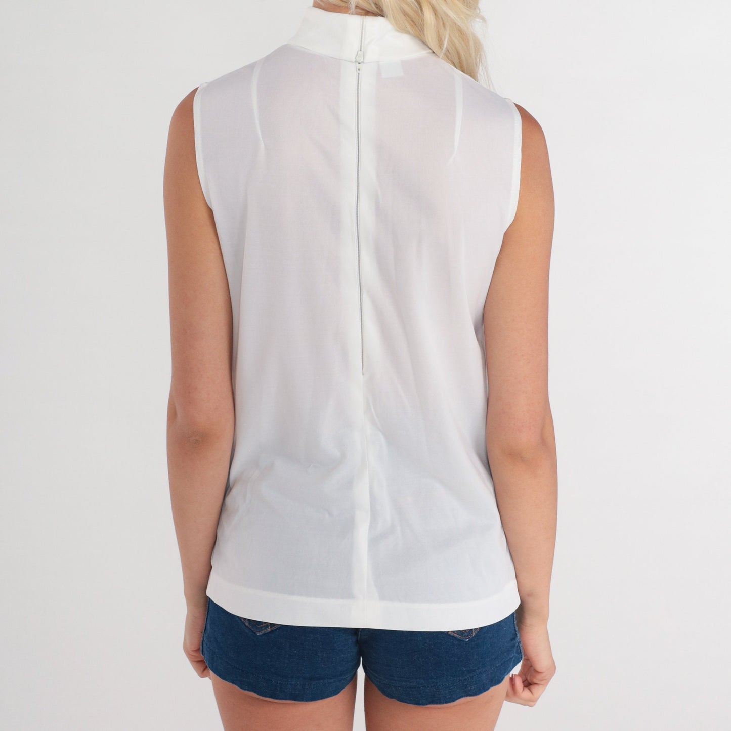 80s White Mock Neck Tank Top Semi-Sheer Sleeveless Blouse Small