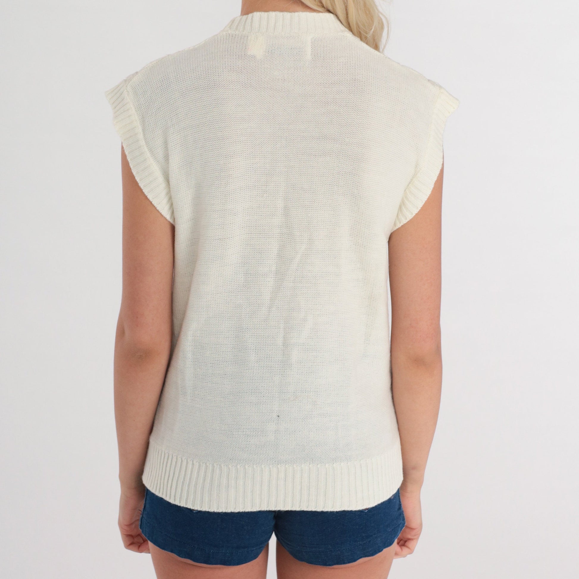 70s White Cable Knit Sweater Vest Button-Up Cap Sleeve Small