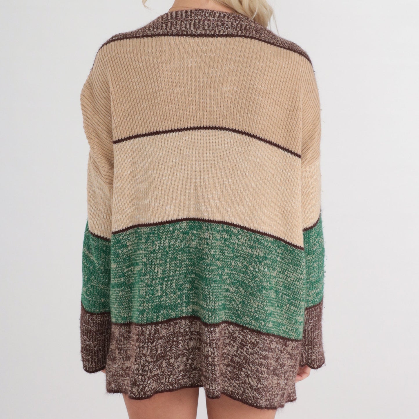 70s Striped Cardigan Open Front Knit Sweater Brown Beige Green Medium Large